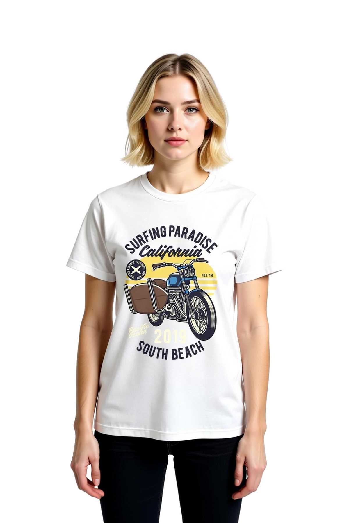Kadın Retro Motosiklet Baskılı Kısa Kollu Tişört Surfing Paradise California South Beach Nostaljik
