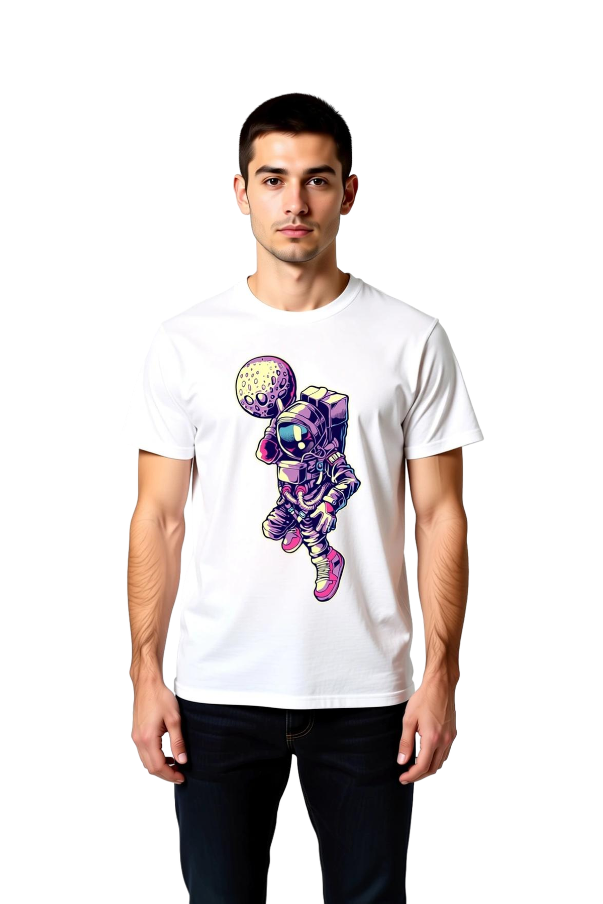 Erkek Retro Uzay Basketbol Baskılı Kısa Kollu Tişört %100 Pamuk Rahat Kesim Günlük Modern Şık Zarif