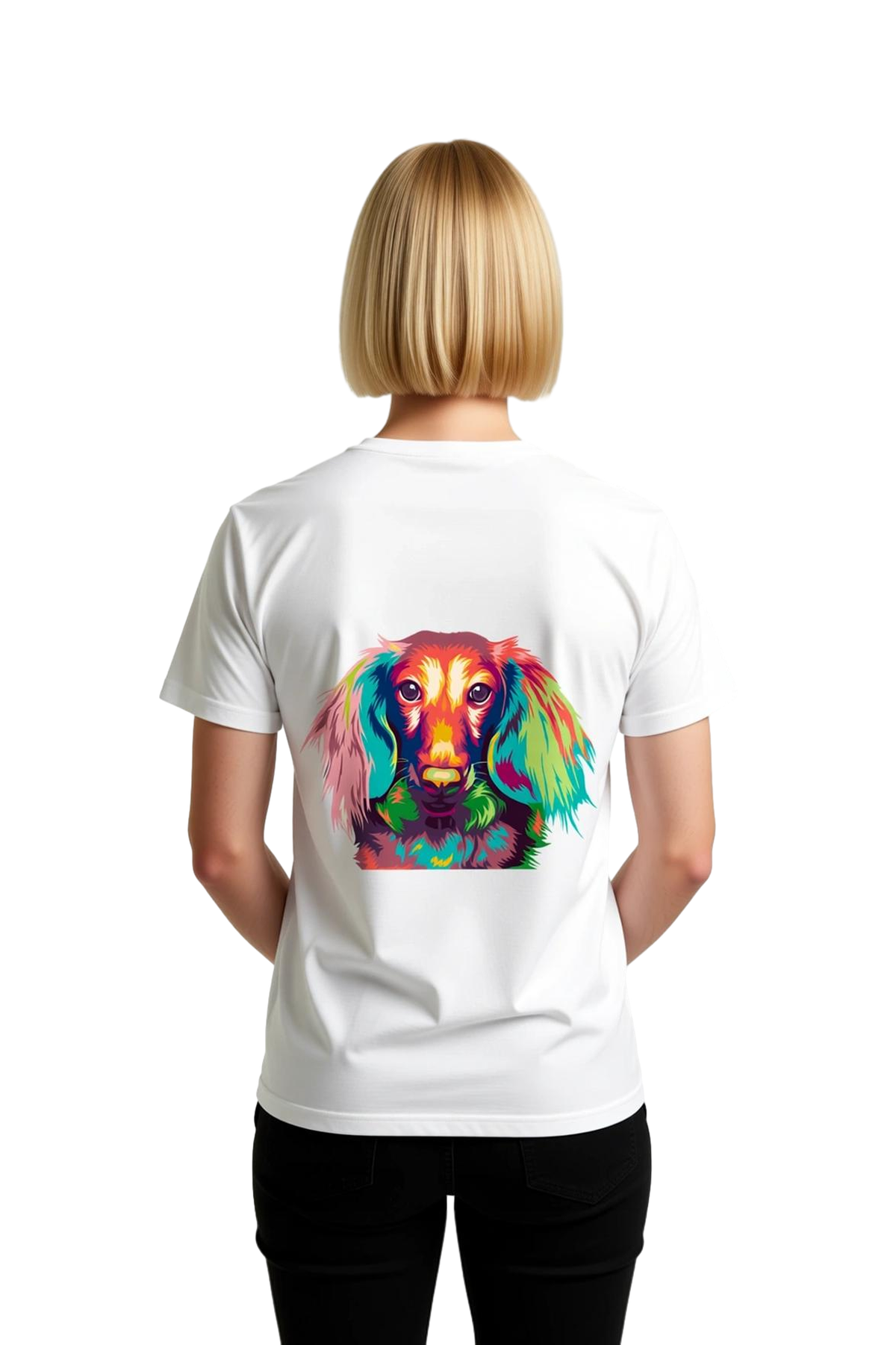 Kadın Pop Art Köpek Portresi Baskılı Kısa Kollu Tişört %100 Pamuk Neon Renkli Sanat Tasarımı Günlük