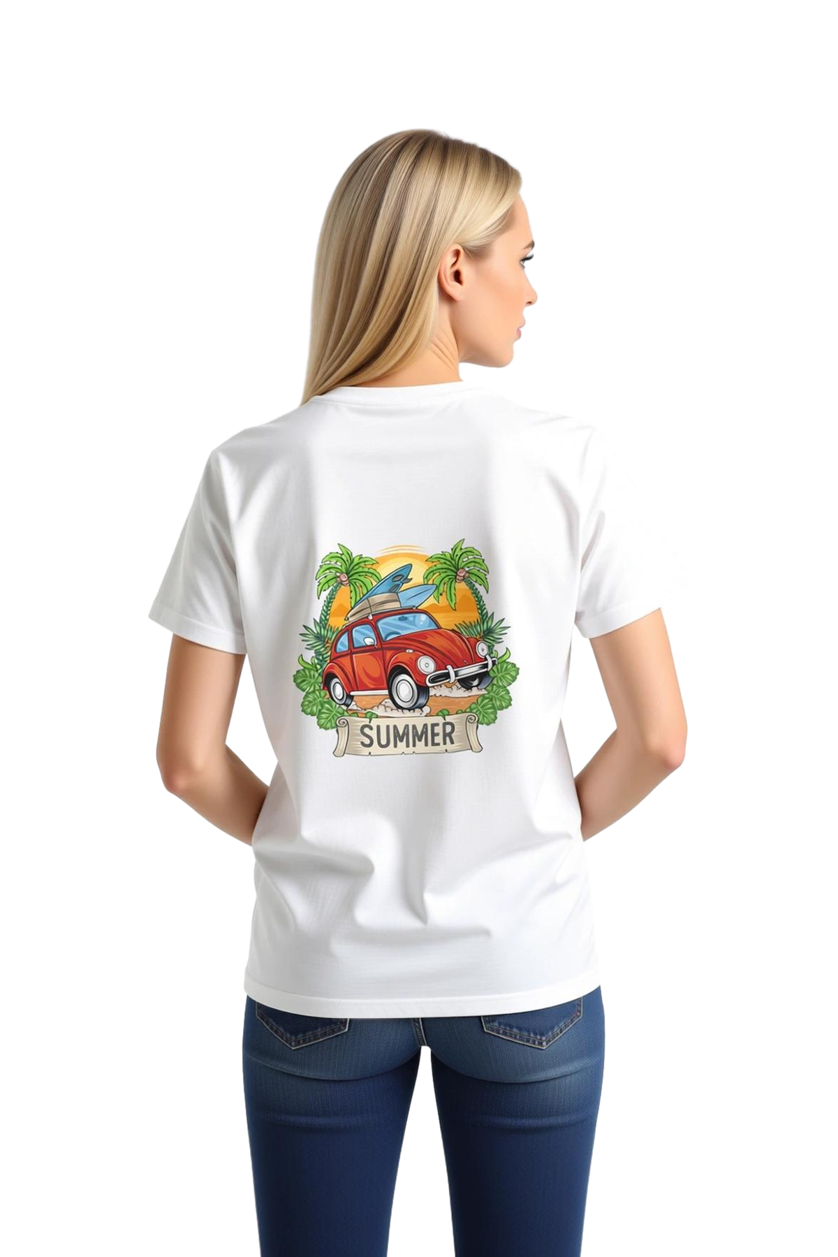 Yaz Retro Beetle Sörf Tasarımı Baskılı Kadın Tişört
