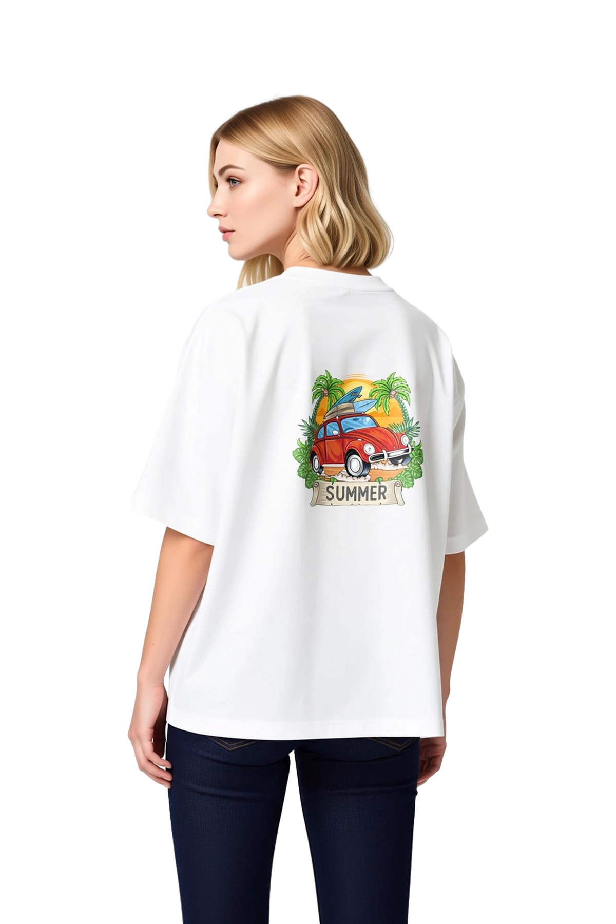 Kadın Oversize Retro Sörf Arabası Baskılı Pamuklu Tişört Yaz Teması Rahat Kesim Günlük Modern Şık