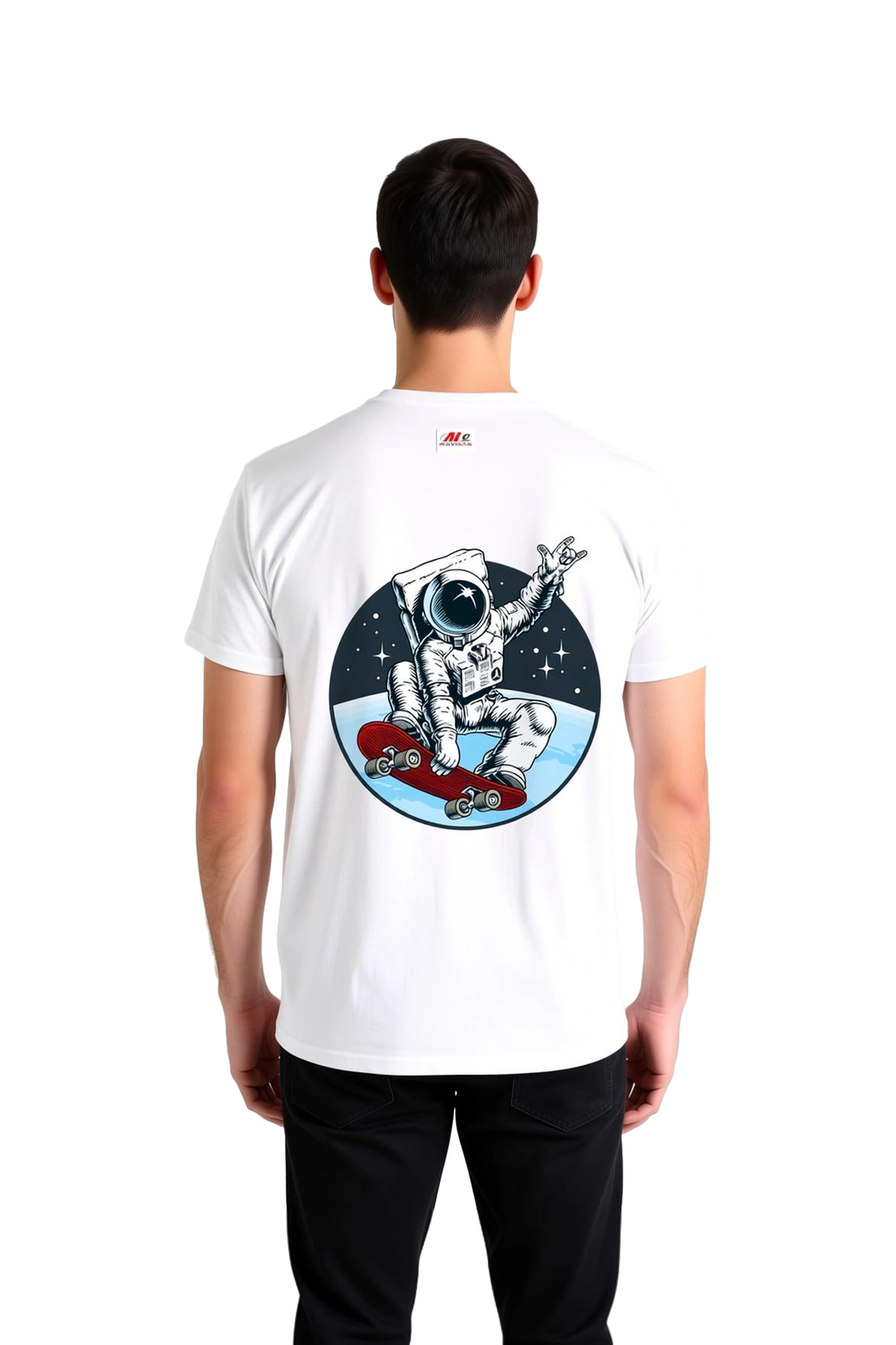Erkek Skeytbord Astronotu Barış İşareti Baskılı Günlük Tişört %100 Pamuk Rahat Kesim Modern Şık