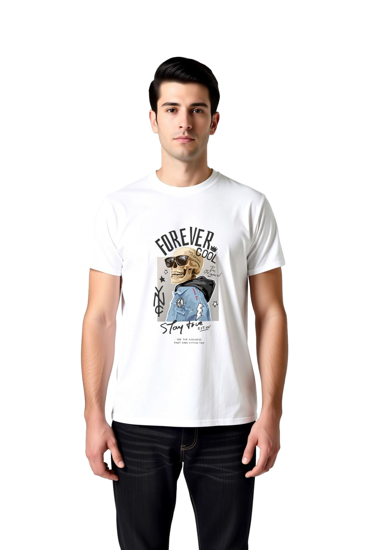 Erkek Kafatası Baskılı Vintage Tişört %100 Pamuk Retro Rock Tasarım Sonsuza Dek Havalı Günlük Rahat