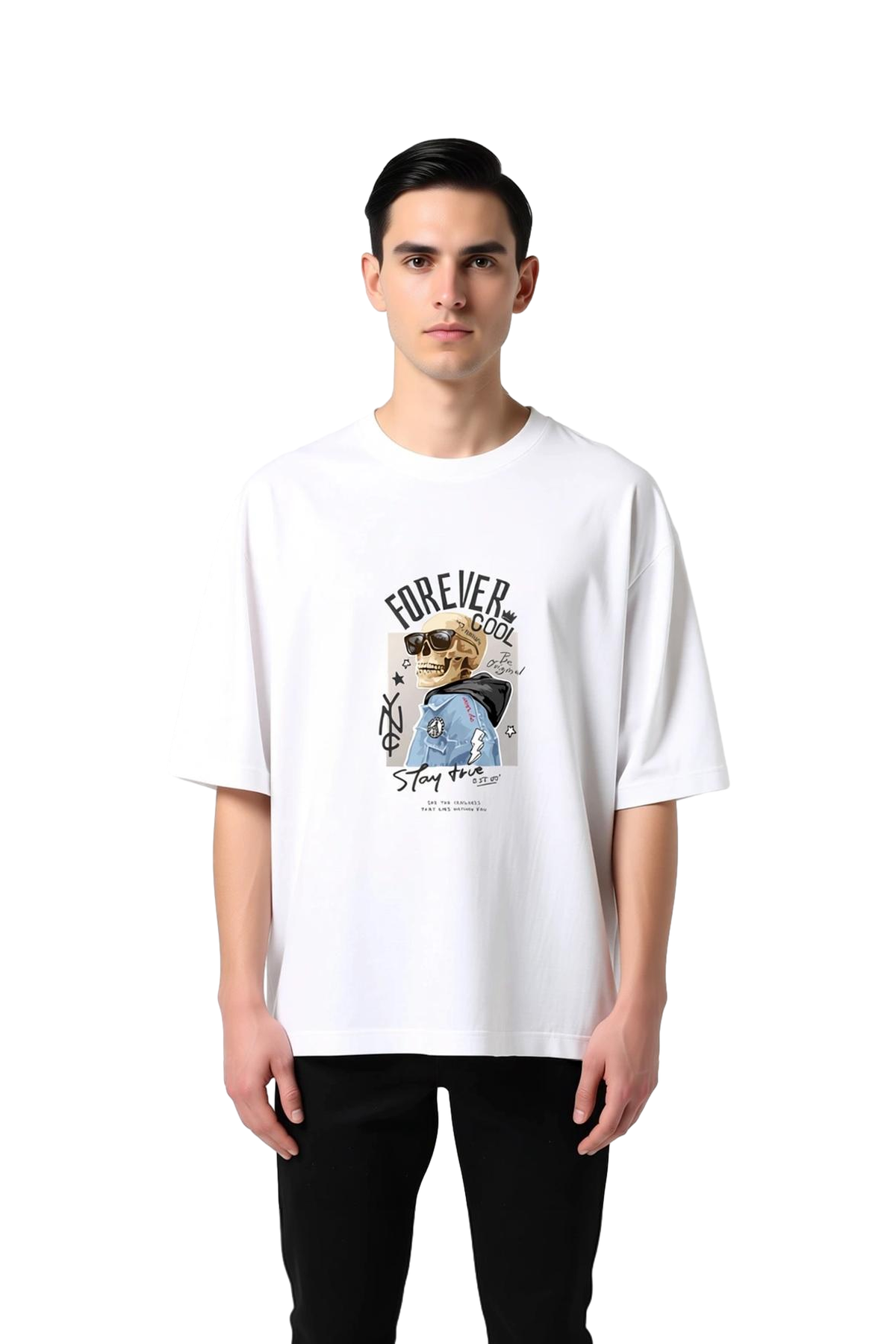 Erkek Oversize Kafatası Baskılı Vintage Rock Tişört Sonsuza Dek Havalı Retro Stil Günlük Rahat Şık