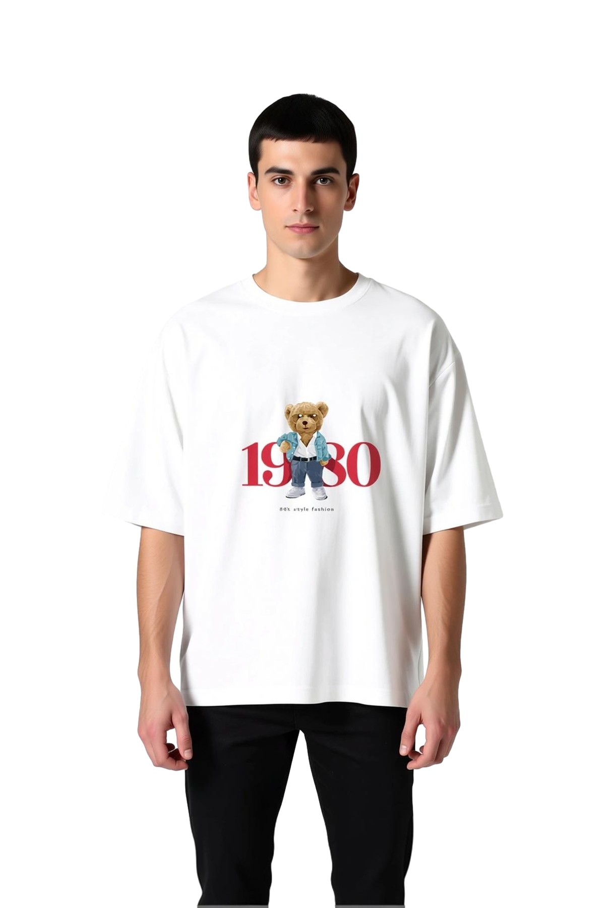 Erkek Oversize Tişört %100 Pamuk Retro Grafik Baskılı Ayı Desenli Rahat Kesim Günlük Giyim Modern