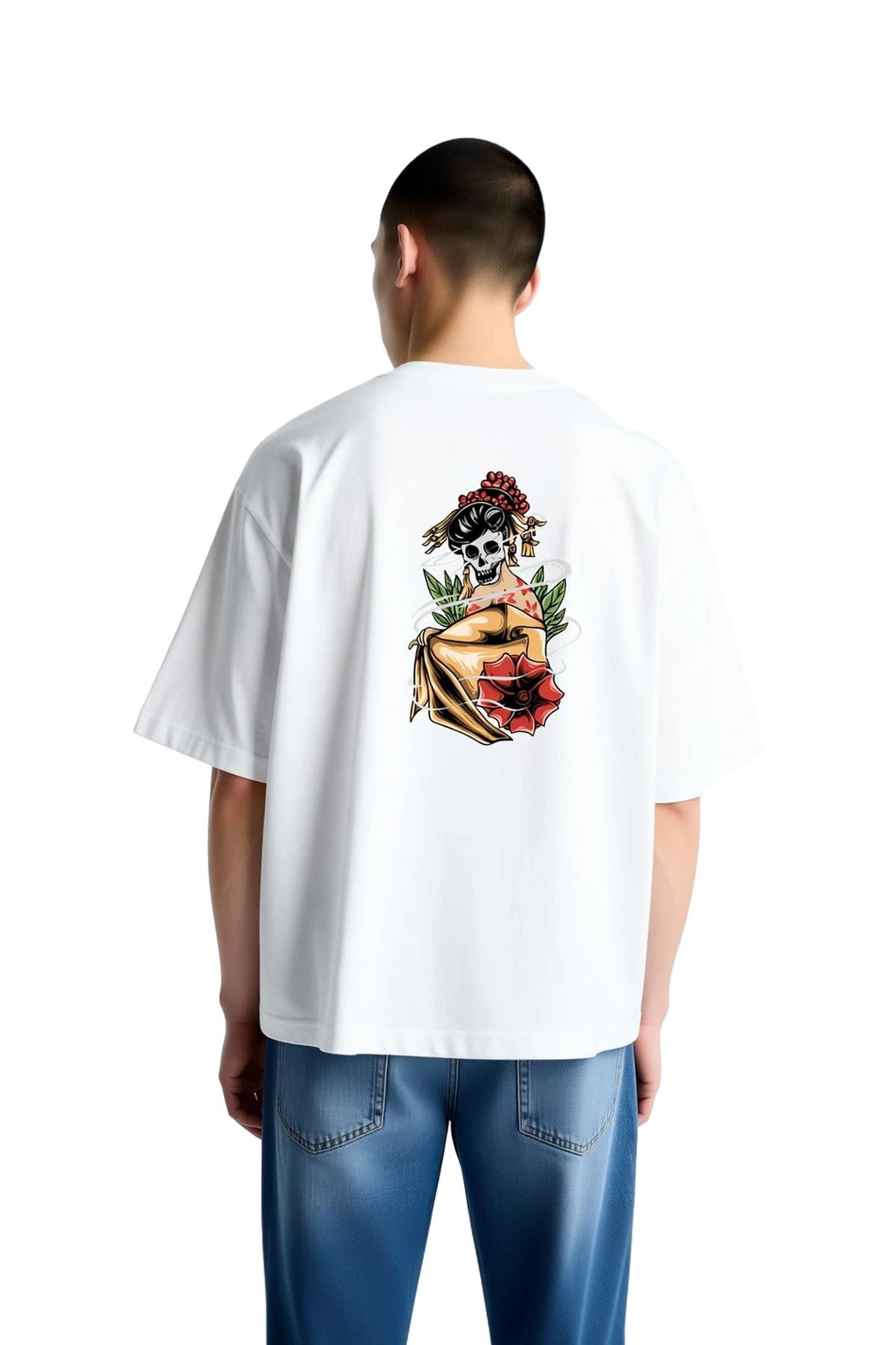 Erkek Oversize Tişört Kimono İskelet Floral Başlık Sanat Grafik Baskı Rahat Kesim Günlük Modern
