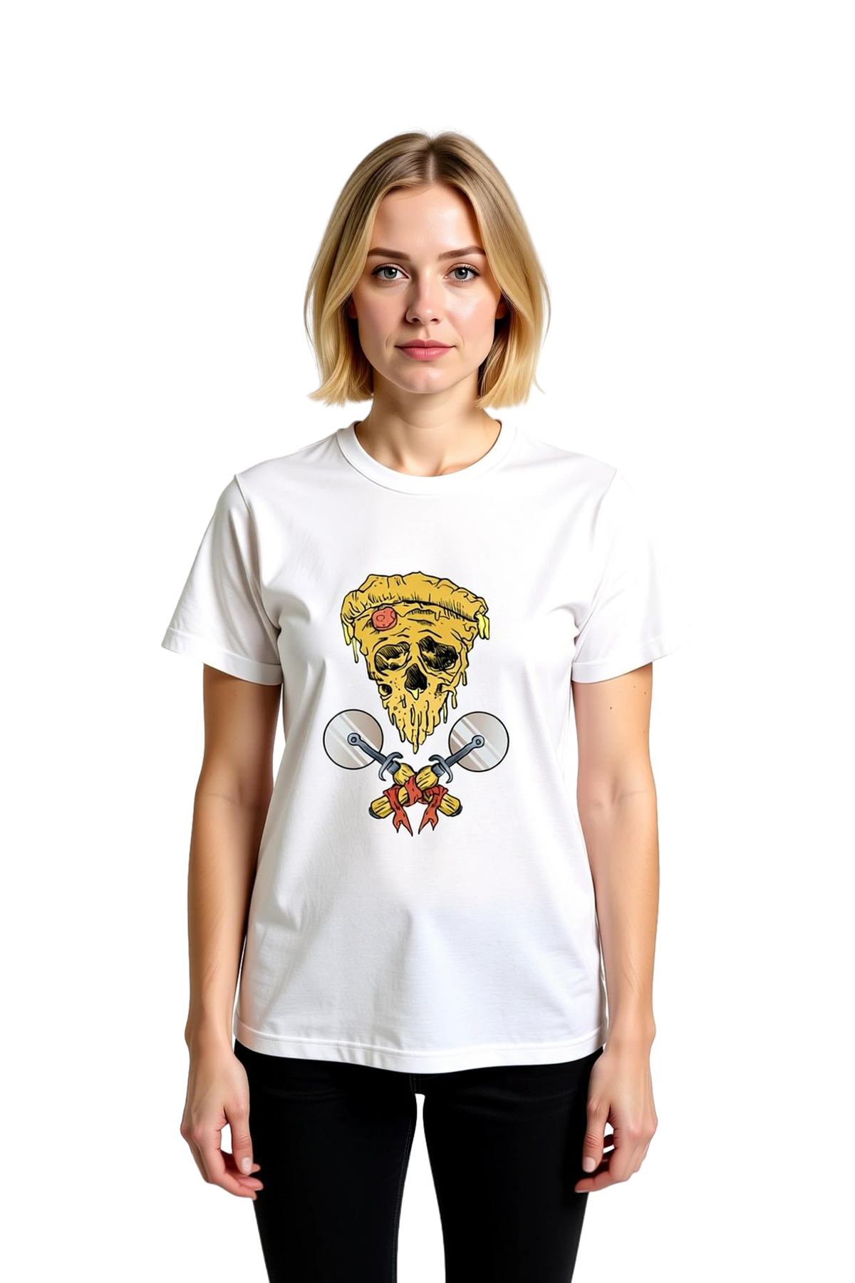 Kadın Grafik Baskılı Pamuk Tişört Pizza Motifli İskelet Desenli Kısa Kol Yuvarlak Yaka Rahat Kesim