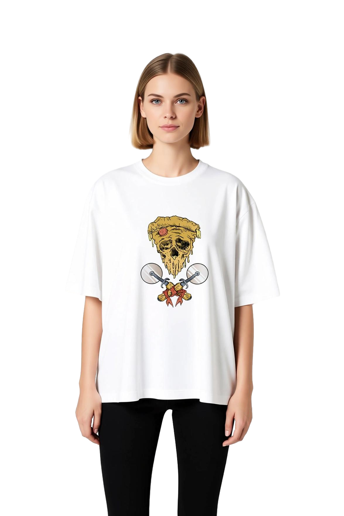 Kadın Oversize Tişört Eritilmiş Pizza İskelet Figürü Çapraz Kesici Baskılı Rahat Kesim Günlük Modern
