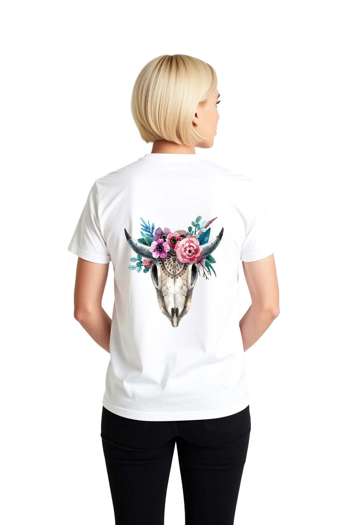 Kadın Boho Tarzı Floral Çiçekli Hayvan Kafası Baskılı Suluboya Rahat Kesim Tişört Günlük Modern