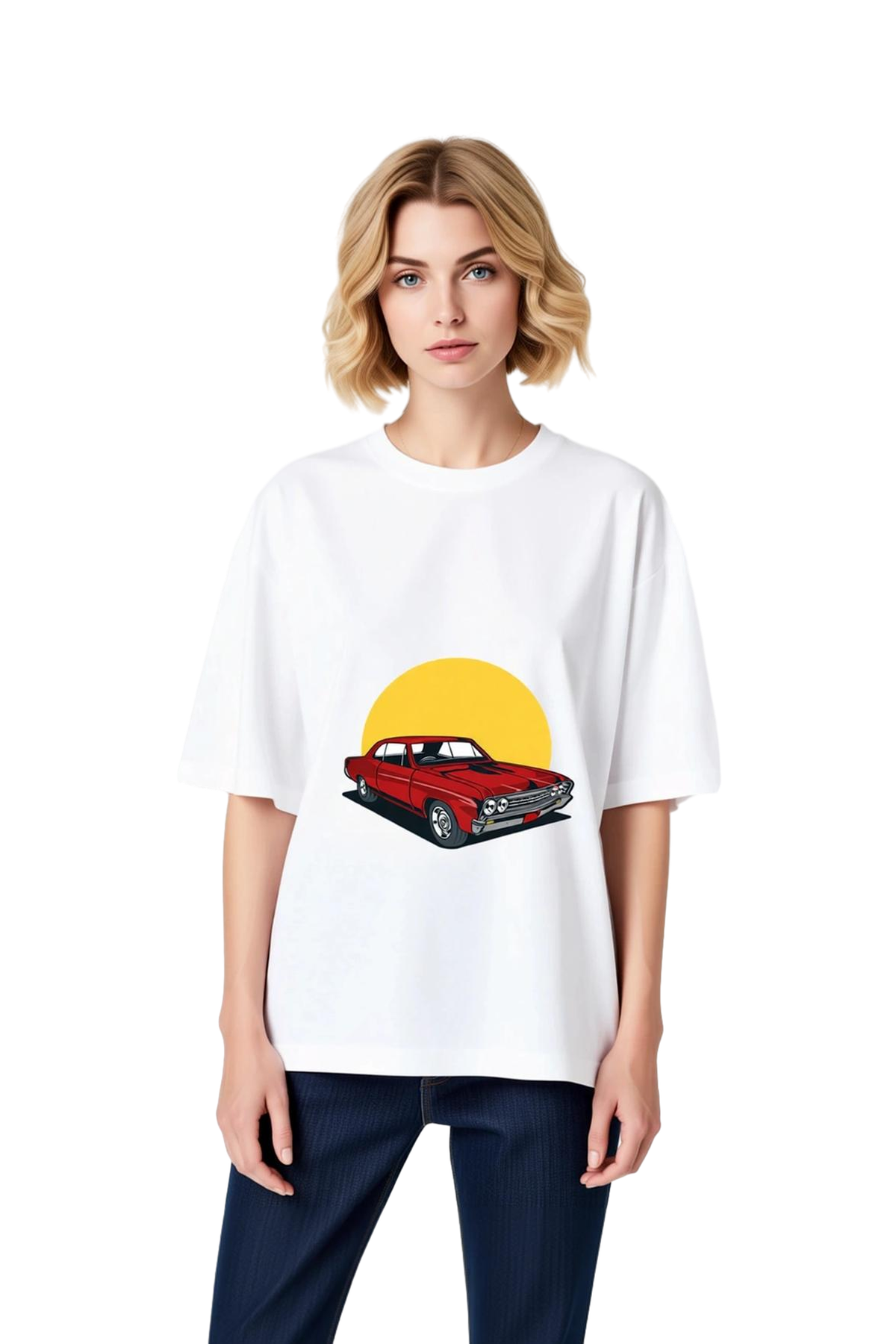 Kadın Oversize Tişört Vintage Otomobil Baskısı Retro Klasik Araba Grafik Desenli Rahat Kesim Günlük