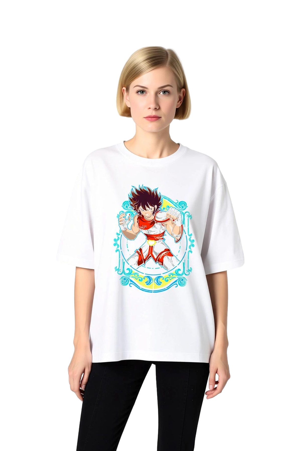 Kadın Oversize Anime Karakter Baskılı Tişört Dinamik Savaşçı Tasarımı Rahat Kesim Günlük Modern