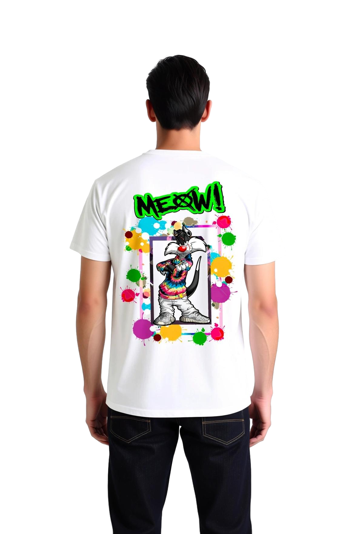 Erkek Retro Kedi Meow Baskılı Tişört %100 Pamuk Rahat Kesim Renkli Tasarım Günlük Modern Şık Zarif