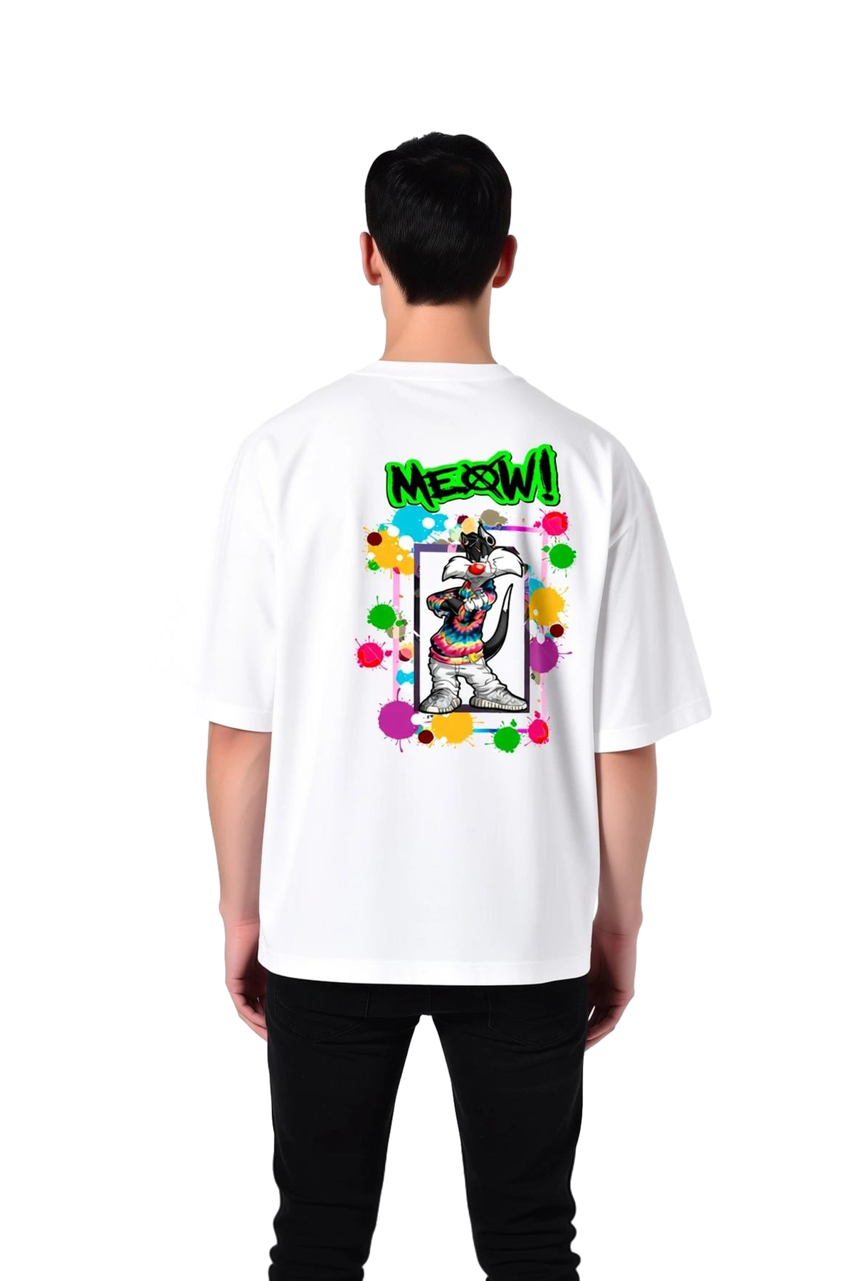 Retro Kedi Meow Tasarımı Baskılı Erkek Oversize Tişört