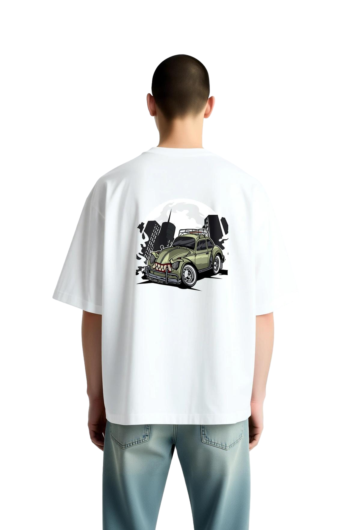 Vintage Beetle Araba Diş Dumanı Baskılı Erkek Oversize Tişört