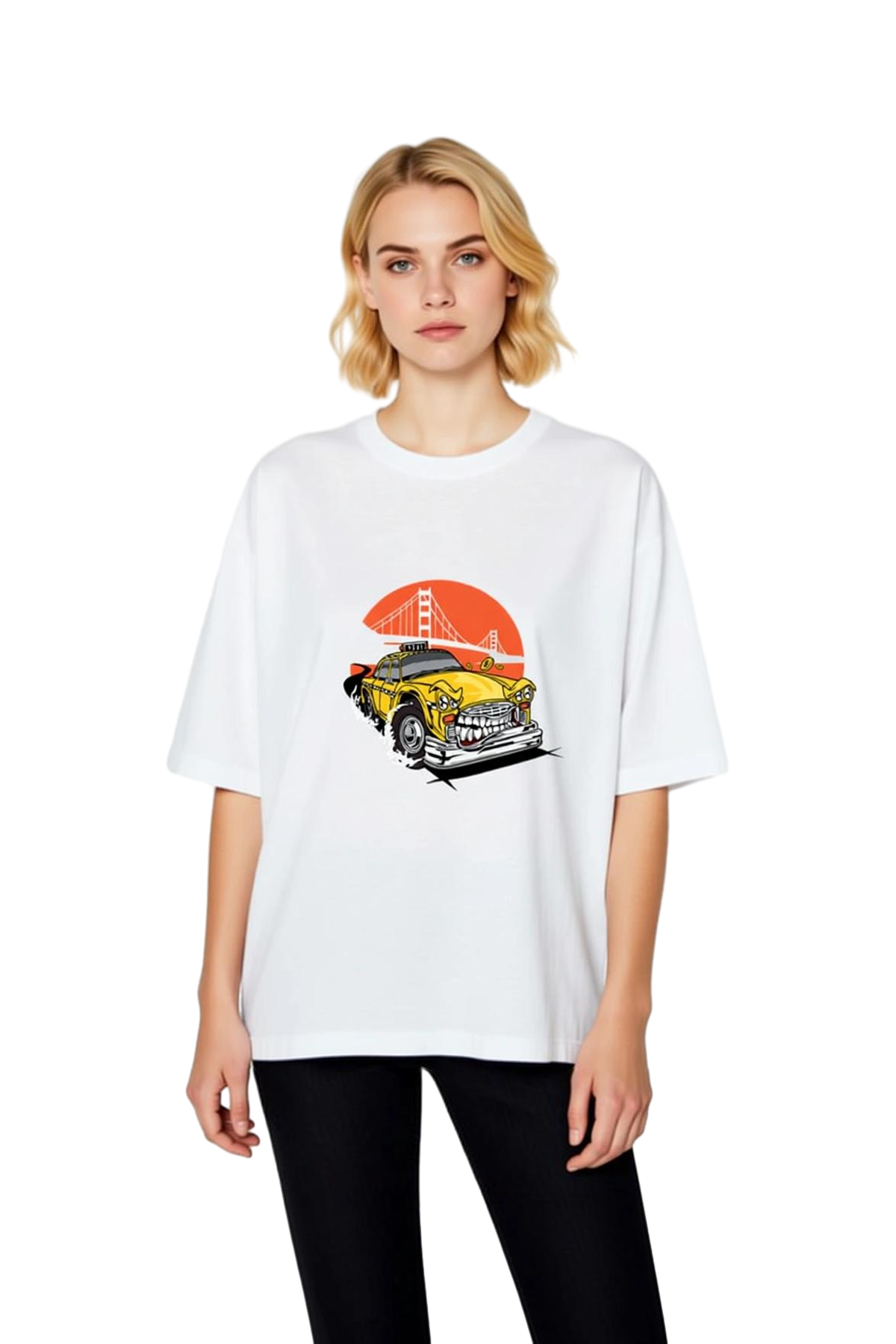 Kadın Oversize Tişört Nostaljik Taksi Karikatür Baskı Rahat Kesim Günlük Giyim Modern Şık Konforlu