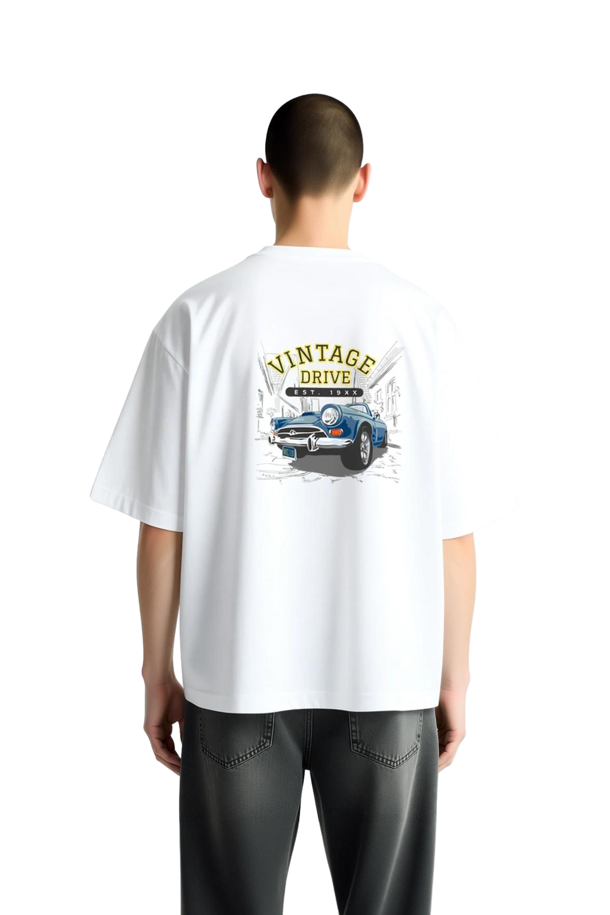 Vintage Sürüş Kuruluşu Baskılı Erkek Oversize Tişört