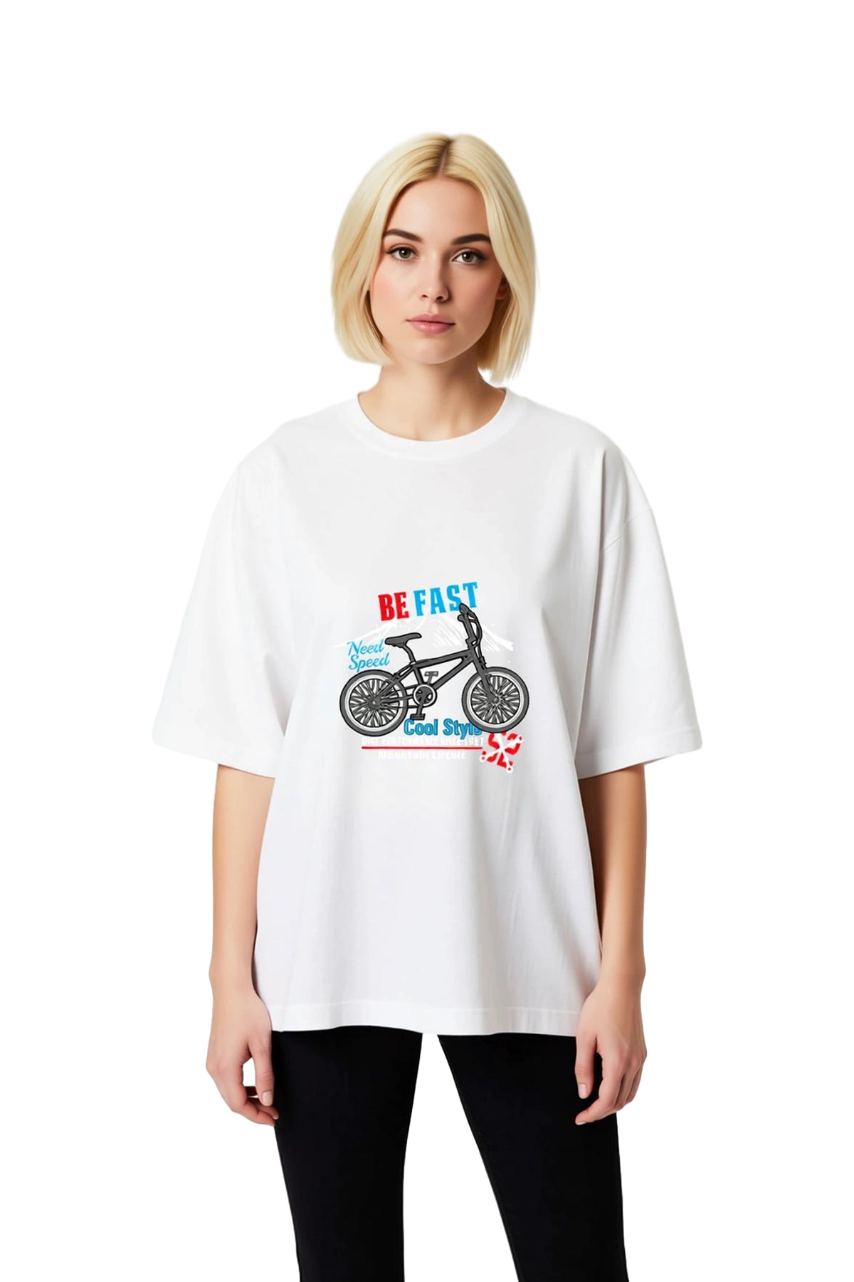 Kadın Oversize Bisiklet Baskılı Tişört Vintage Stil Rahat Kesim Kısa Kollu Günlük Giyim Modern Şık