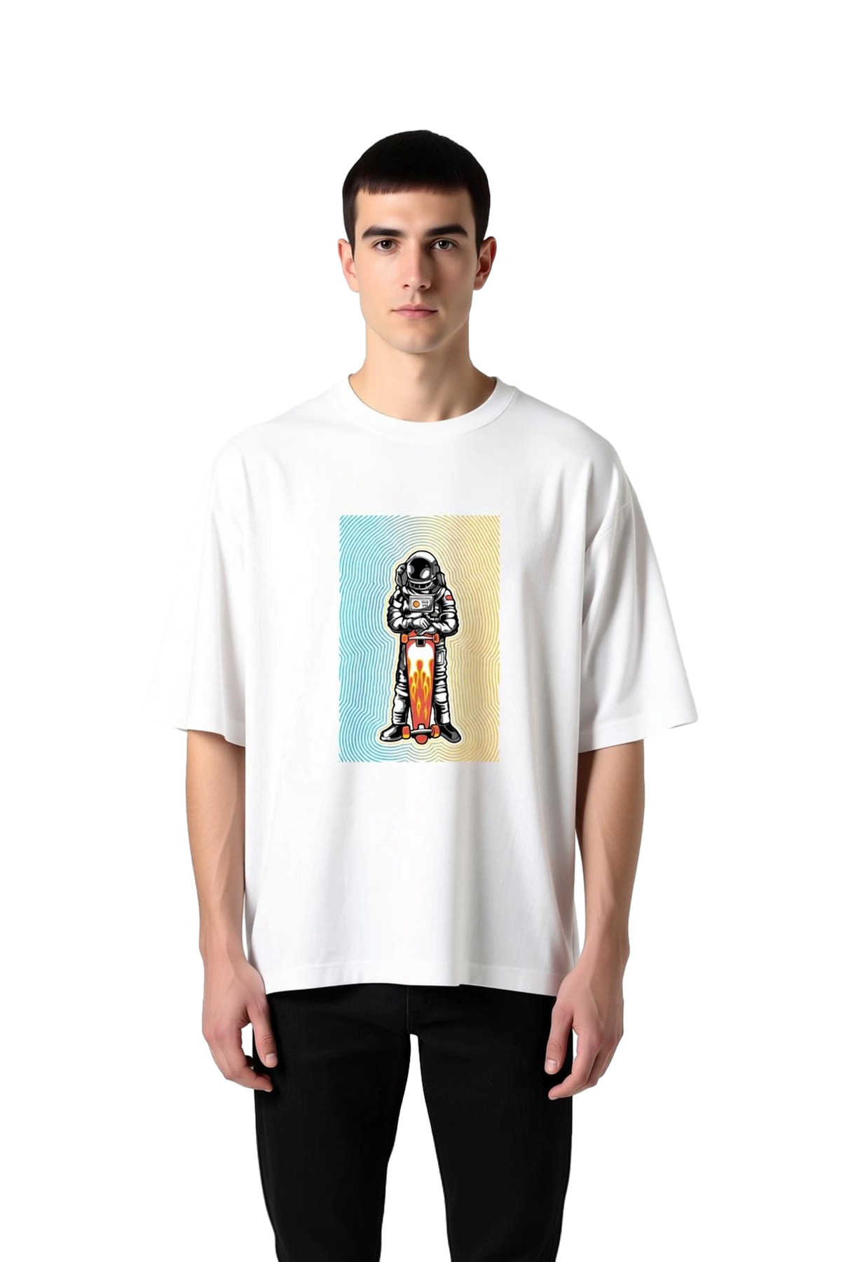 Erkek Oversize Tişört Astronot Kaykay Baskısı Bold Line Art Dinamik Uzay Teması Günlük Rahat Modern