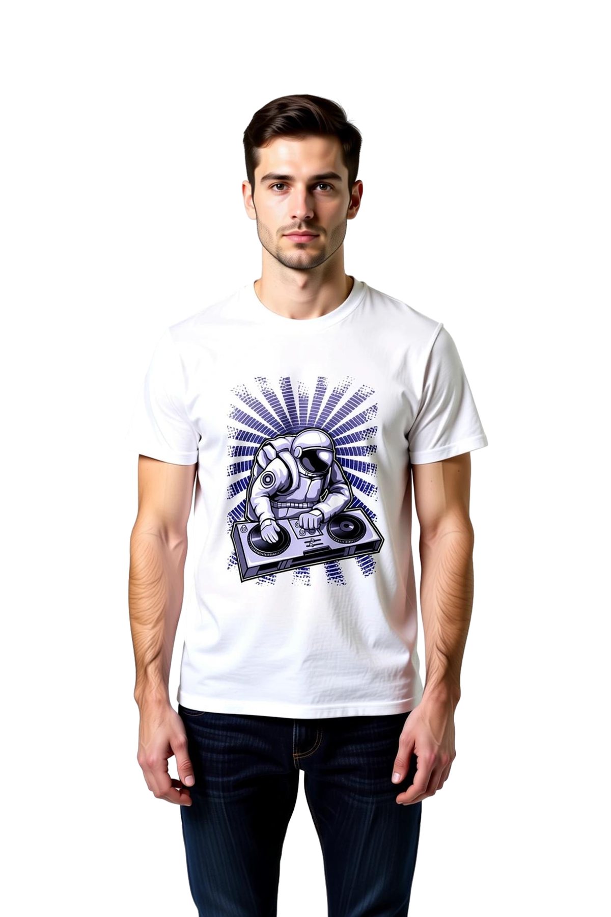 Erkek DJ Astronot Turntable Müzik Baskılı Tişört Kulaklıklı Uzay Tasarımı Günlük Rahat Modern Şık
