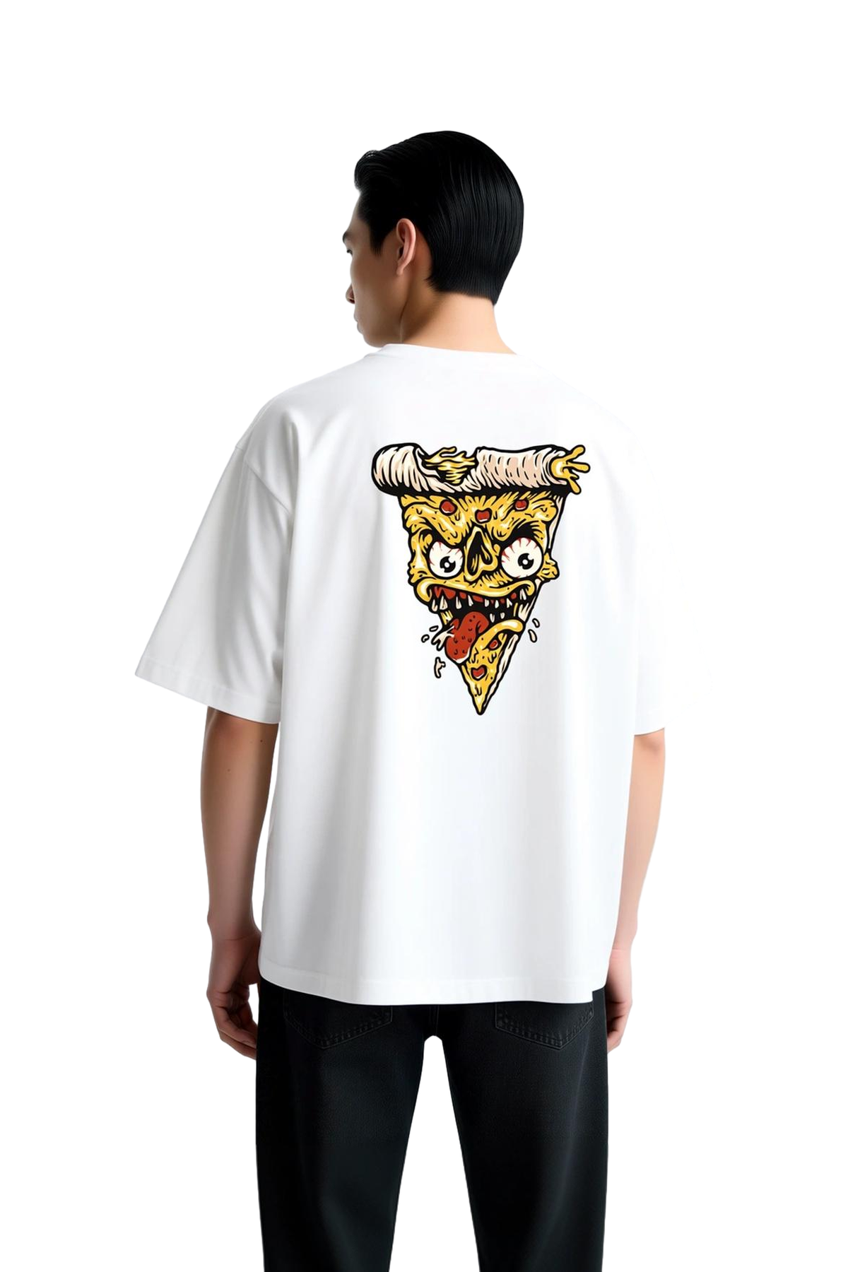 Erkek Oversize Tişört Korkunç Pizza Dilimi Yüz Baskısı Animasyon Tarzı Grafik Cesur Tasarım Günlük