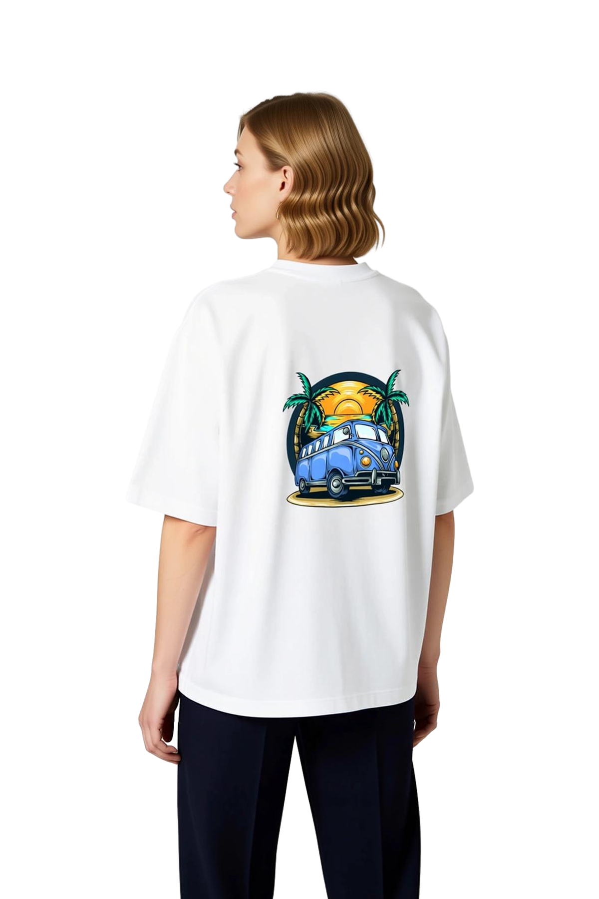 Kadın Oversize Grafik Baskılı Tişört Vintage Minibüs Palmiye Güneş Batışı Motifli Rahat Kesim Günlük