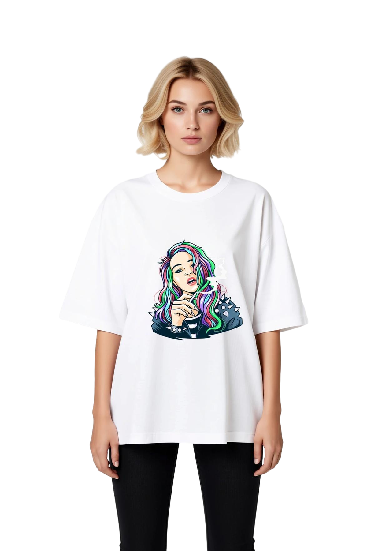 Gökkuşak Saçlı Punk Kadın Baskılı Kadın Oversize Tişört
