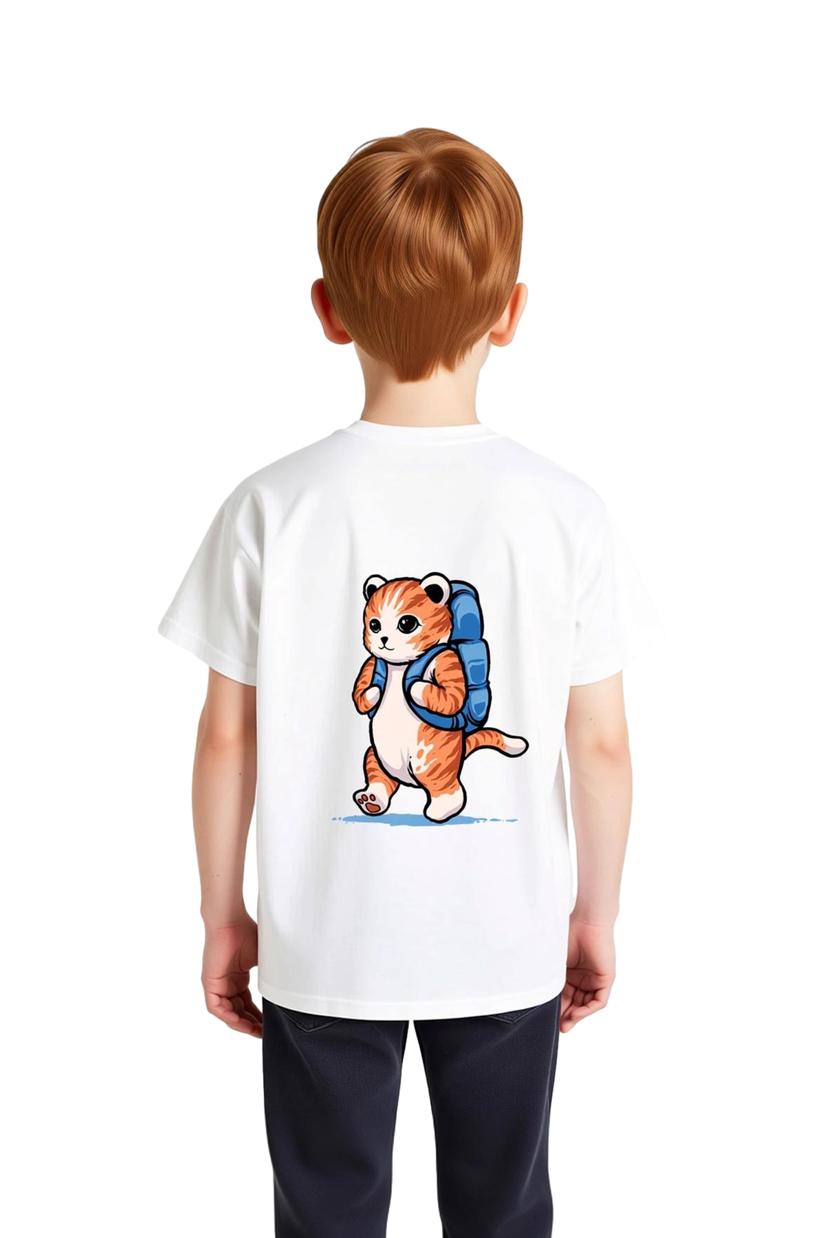 Sırt Çantası Taşıyan Kedi Karikatürü Baskılı Çocuk Tişört