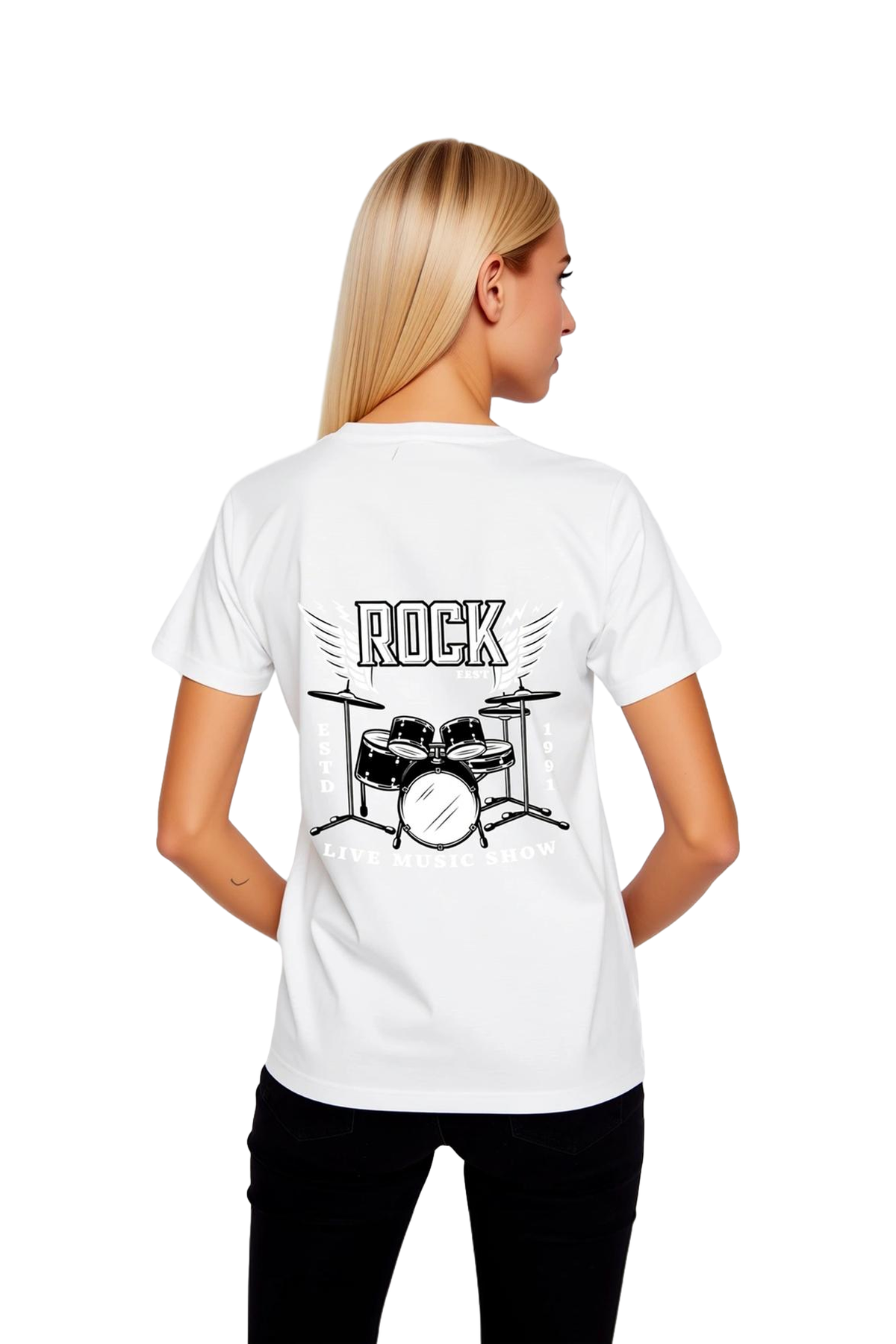 Kadın Müzik Festivali Baskılı Tişört Drum Grafik Tasarım Rahat Kesim Kısa Kollu Yuvarlak Yaka Günlük