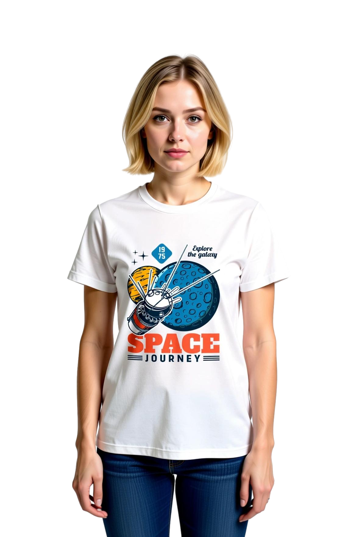 Kadın Vintage Uzay Teması Baskılı Tişört Roket Gezegen Astronot Deseni Rahat Kesim Günlük Modern