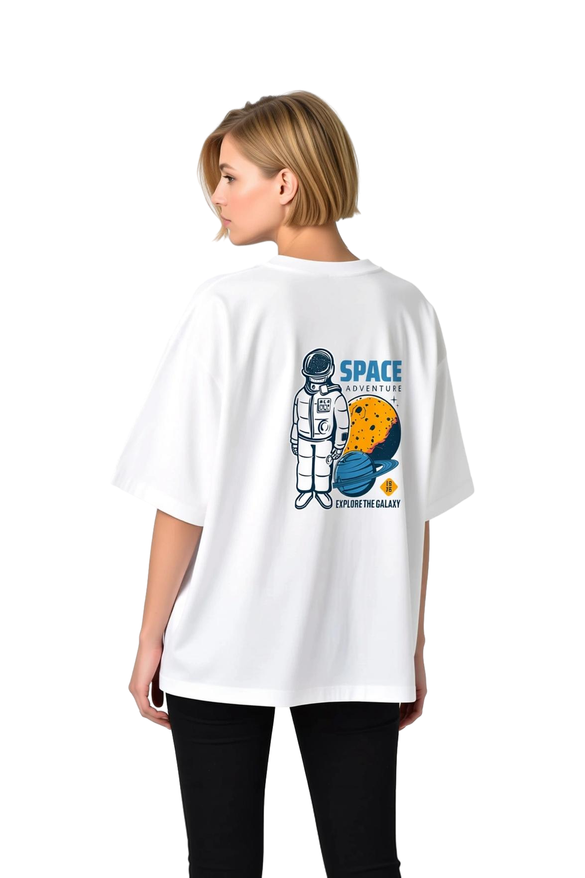 Kadın Oversize Grafik Baskılı Tişört Uzay Teması Retro Astronot Galaksi Keşfi Desenli Rahat Kesim
