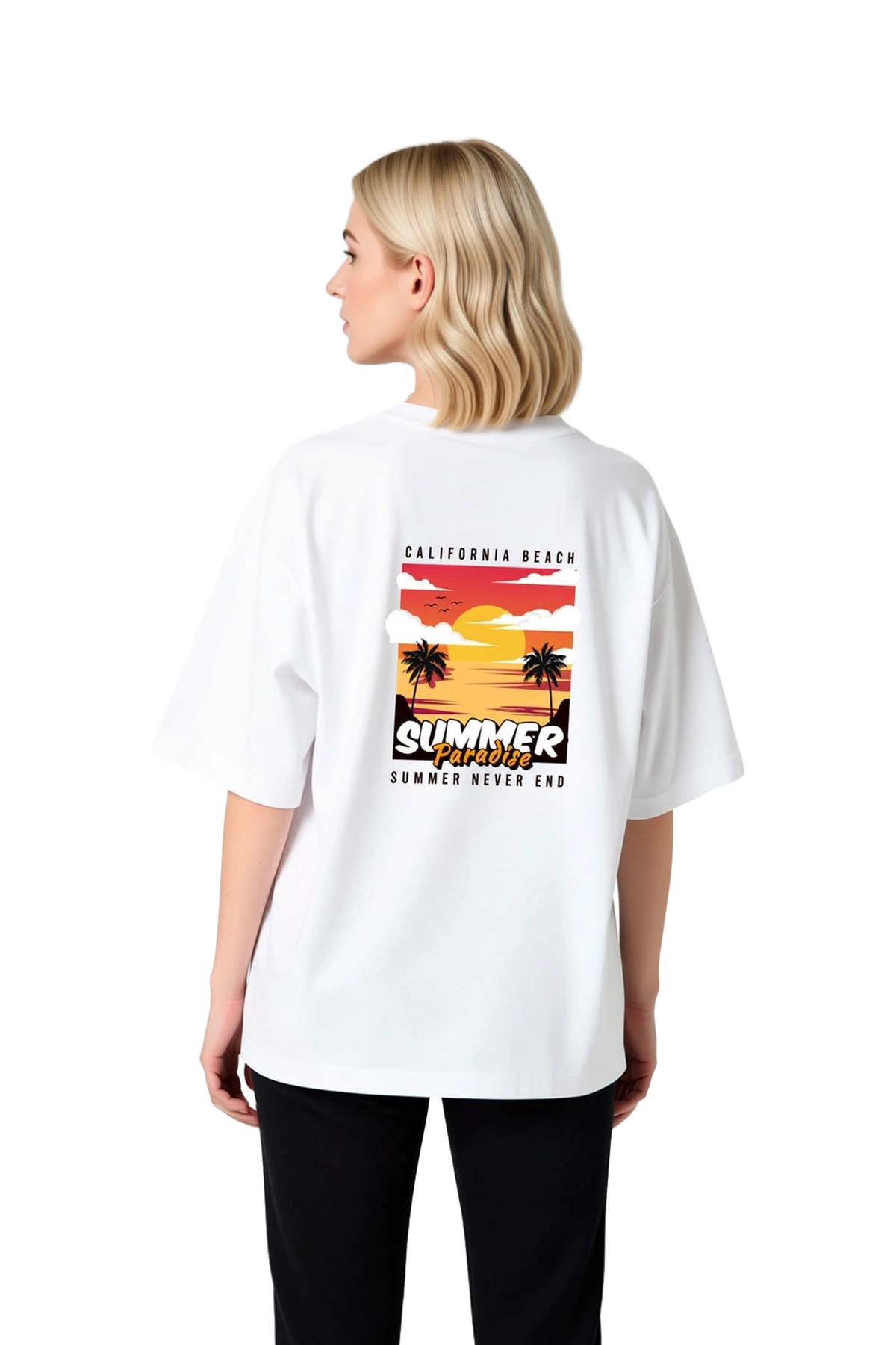 Kadın Oversize Baskılı Tişört California Beach Sunset Palmiye Desenli Rahat Kesim Kısa Kol Yuvarlak