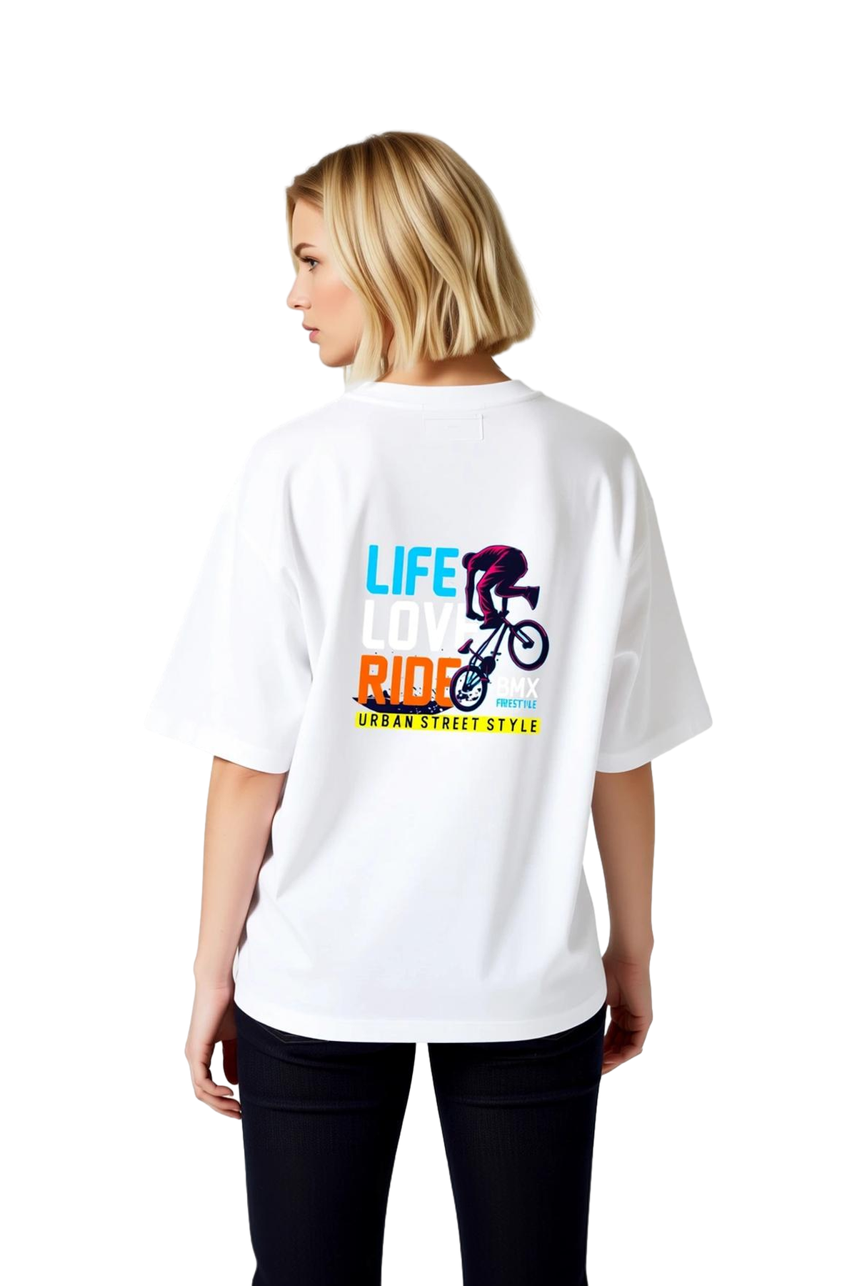 Kadın Oversize Tişört BMX Freestyle Urban Street Style Baskılı Rahat Kesim Günlük Giyim Modern Şık