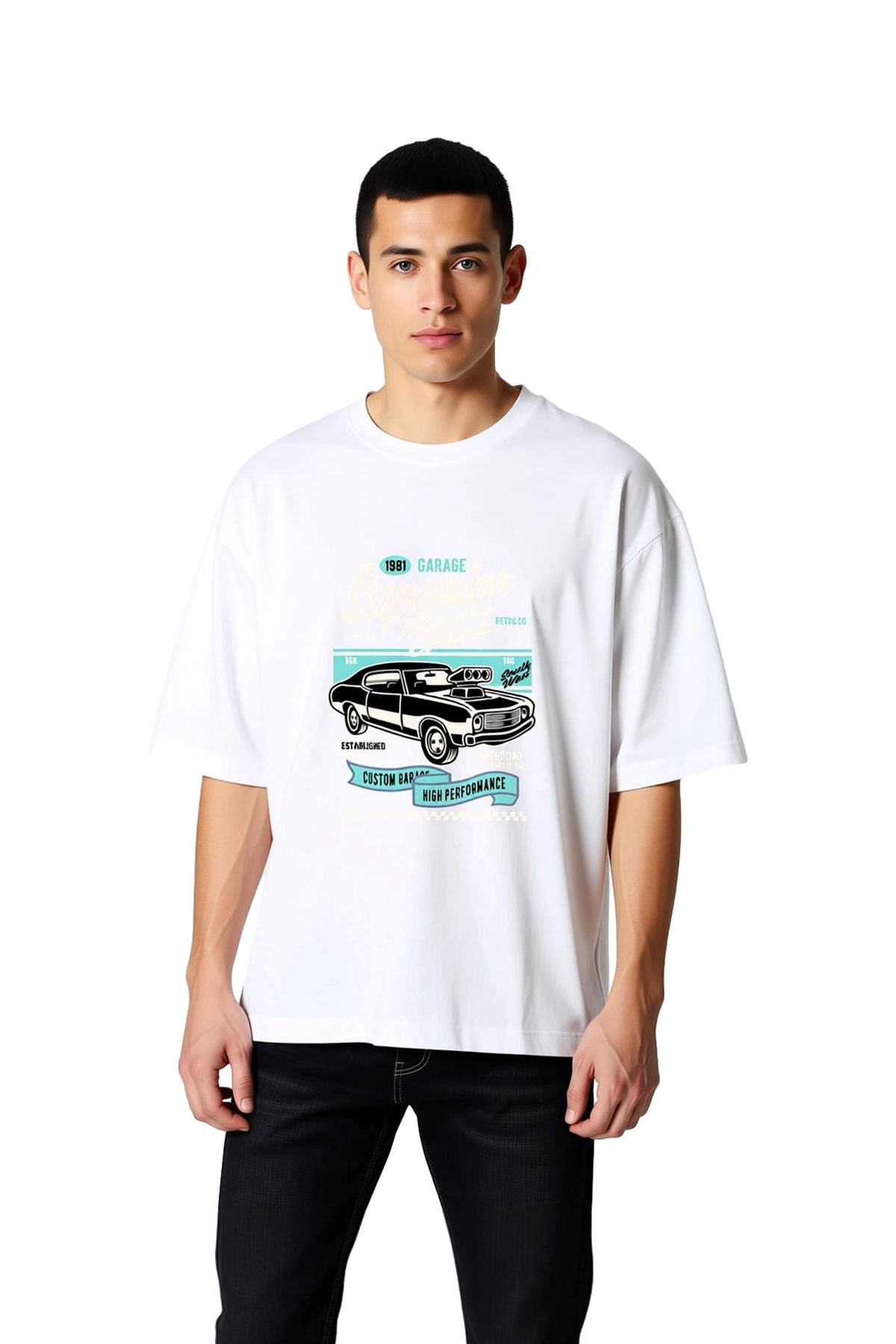 Erkek Oversize Vintage Garaj Klasik Otomobil Baskılı Kısa Kollu Tişört Retro Tasarım Günlük Rahat