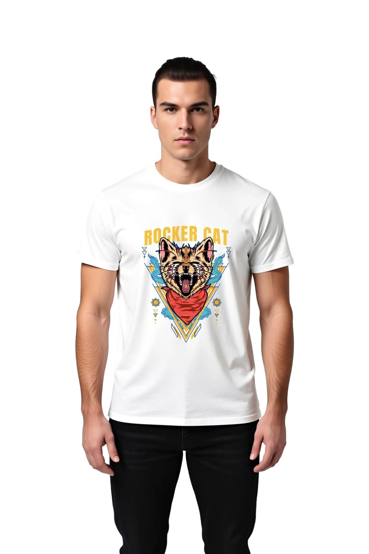 Erkek Rocker Kedi Grafik Baskılı Kısa Kollu Tişört %100 Pamuk Müzik Tasarımı Günlük Rahat Modern