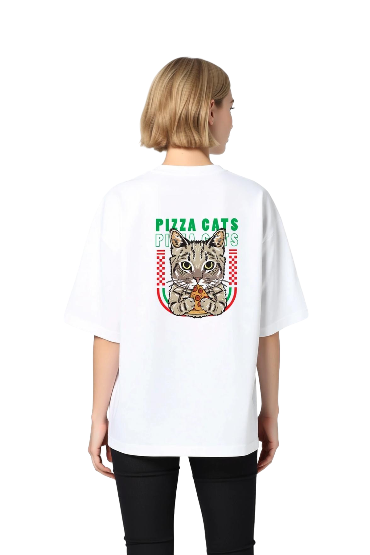Kadın Oversize Kedi Pizza Baskılı Kısa Kollu Rahat Kesim Grafik Tişört Günlük Giyim Modern Şık Zarif