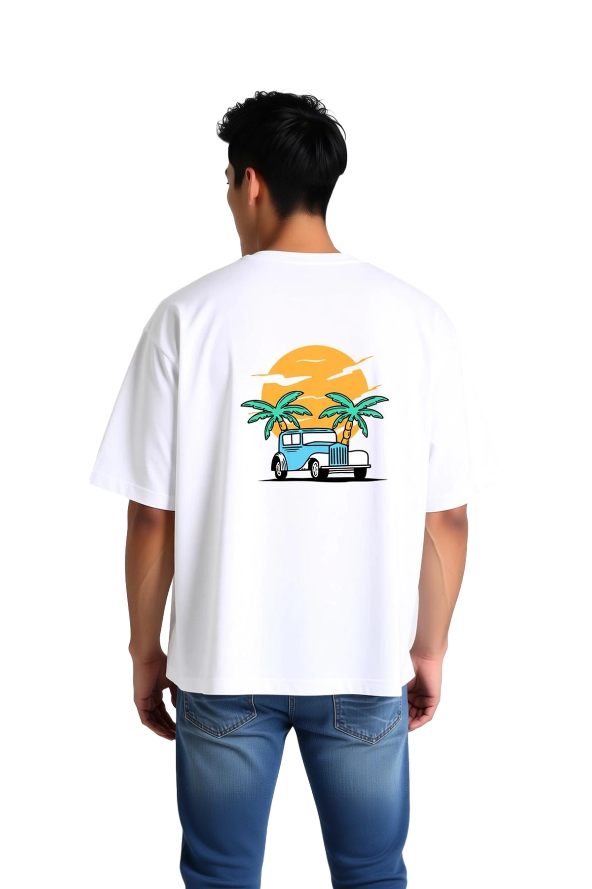 Retro Araba Gün Batımı Baskılı Erkek Oversize Tişört