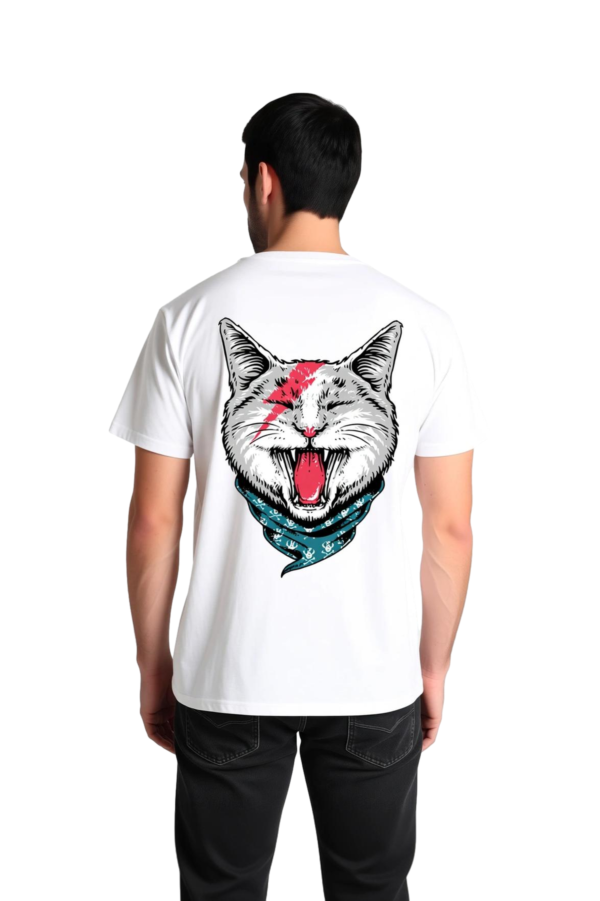 Erkek Baskılı Tişört Kedi Motifi Şimşek Çakması Bandana Detaylı Rock Tarzı Günlük Rahat Modern Şık