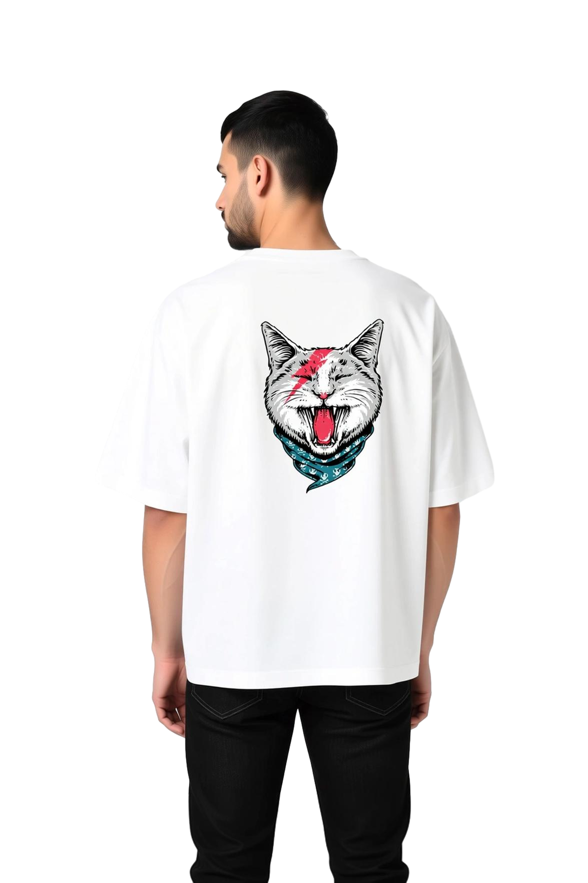 Erkek Oversize Tişört Kedi Bandana Şimşek Baskılı Rahat Kesim Günlük Giyim Modern Şık Konforlu Zarif