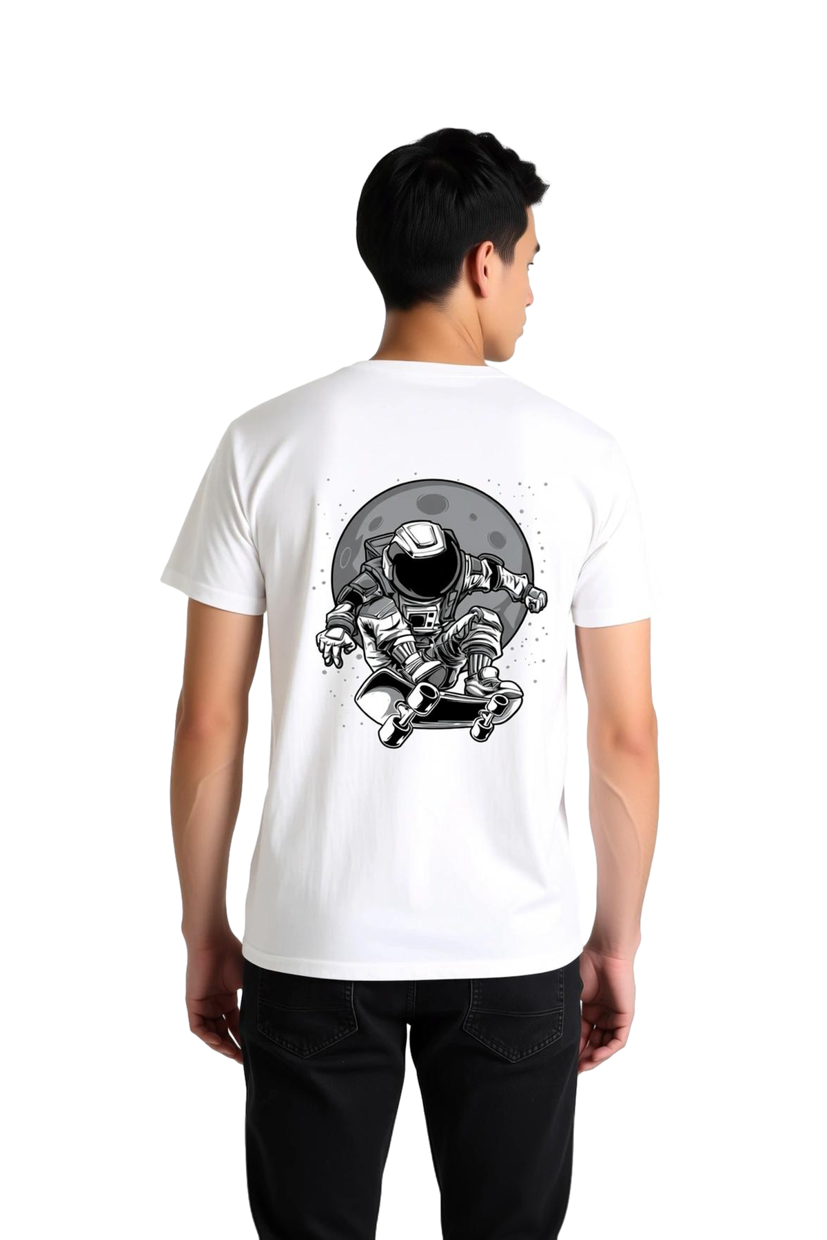 Erkek Astronot Skateboard Ay Temalı Baskılı Grafik Tişört Rahat Kesim Kısa Kol Yuvarlak Yaka Günlük