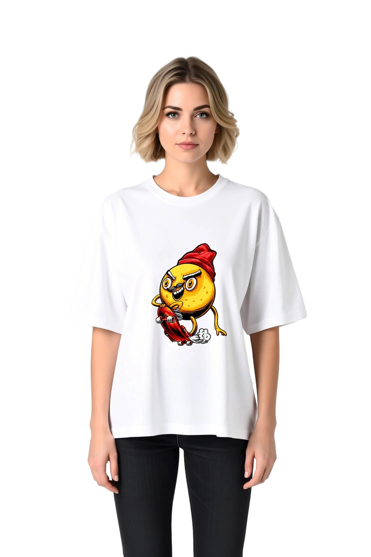 Kadın Oversize Tişört Kısa Kol Yuvarlak Yaka Cartoon Patates Skateboard Baskılı Rahat Kesim Günlük