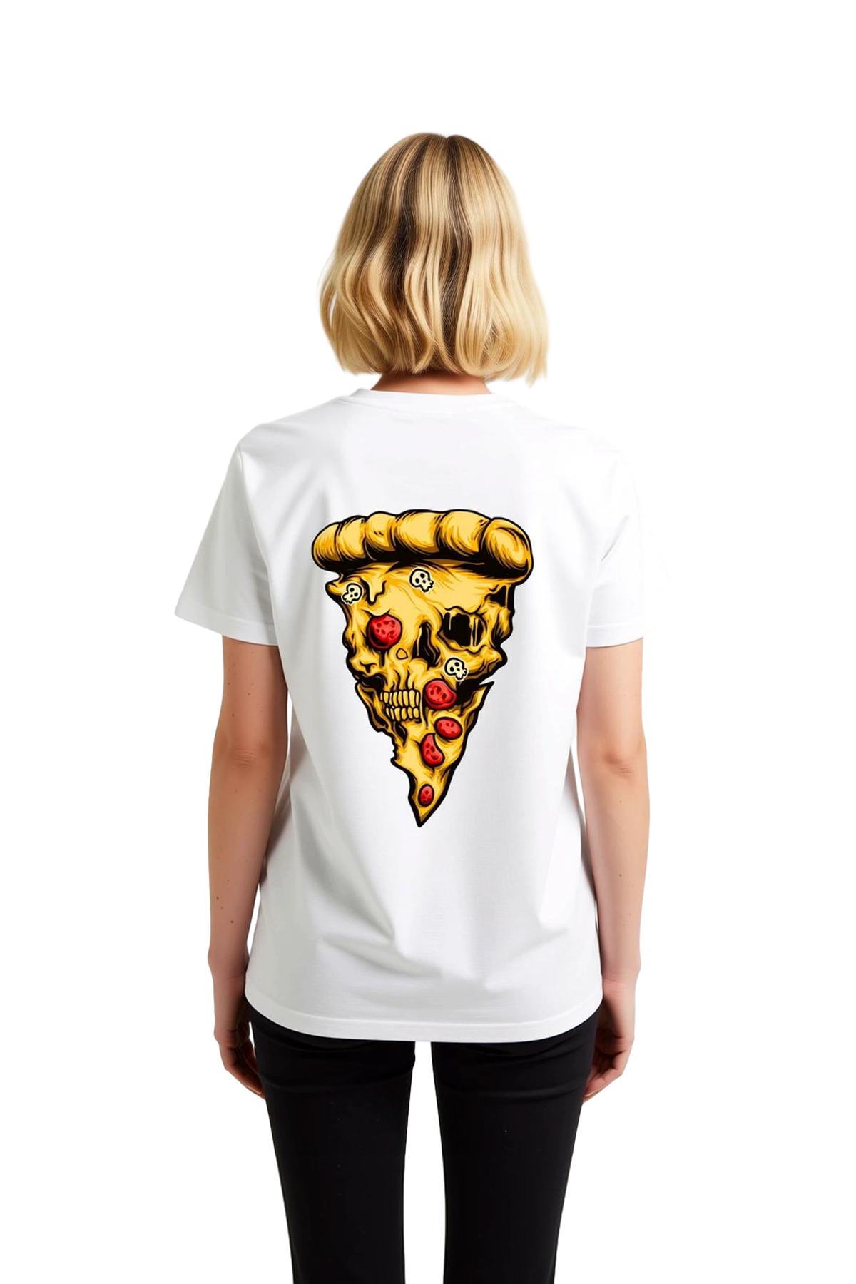 Kadın Grafik Baskılı Tişört Pizza Kafatası Desen Kısa Kol Yuvarlak Yaka Pamuk Rahat Günlük Modern