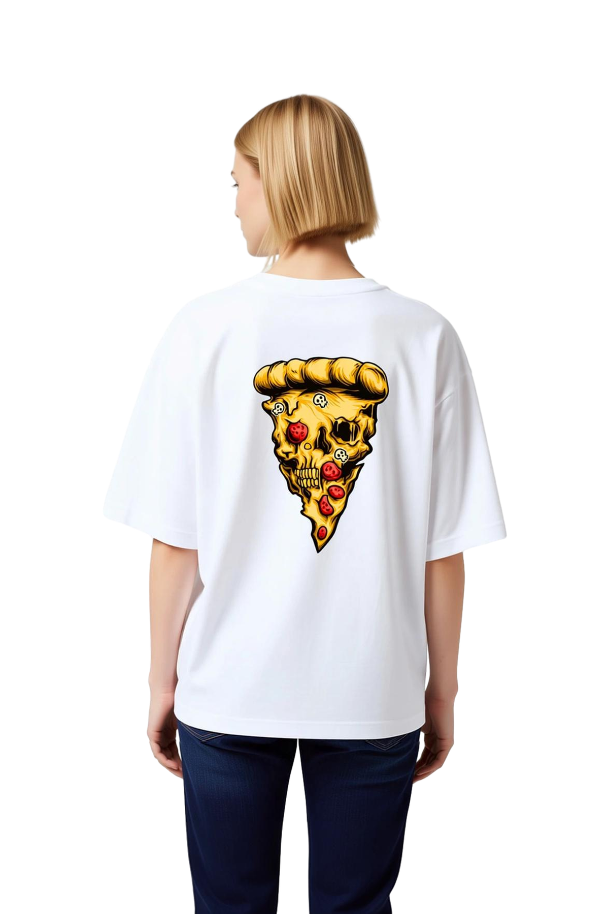 Kadın Oversize Tişört %100 Pamuk Kafatası Pizza Dilimi Baskılı Grafik Desenli Rahat Kesim Günlük