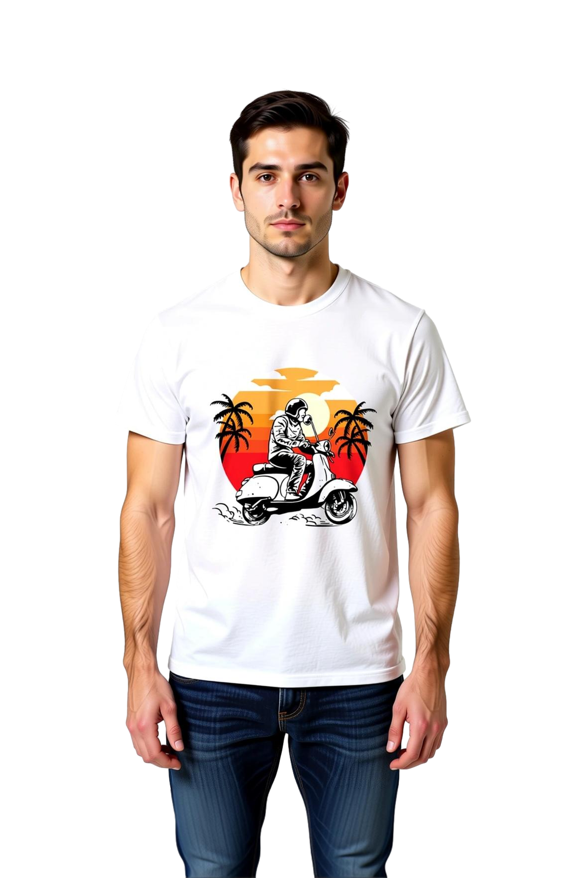 Erkek Retro Scooter Baskılı Tişört %100 Pamuk Gün Batımı Motifi Vintage Kesim Rahat Günlük Modern