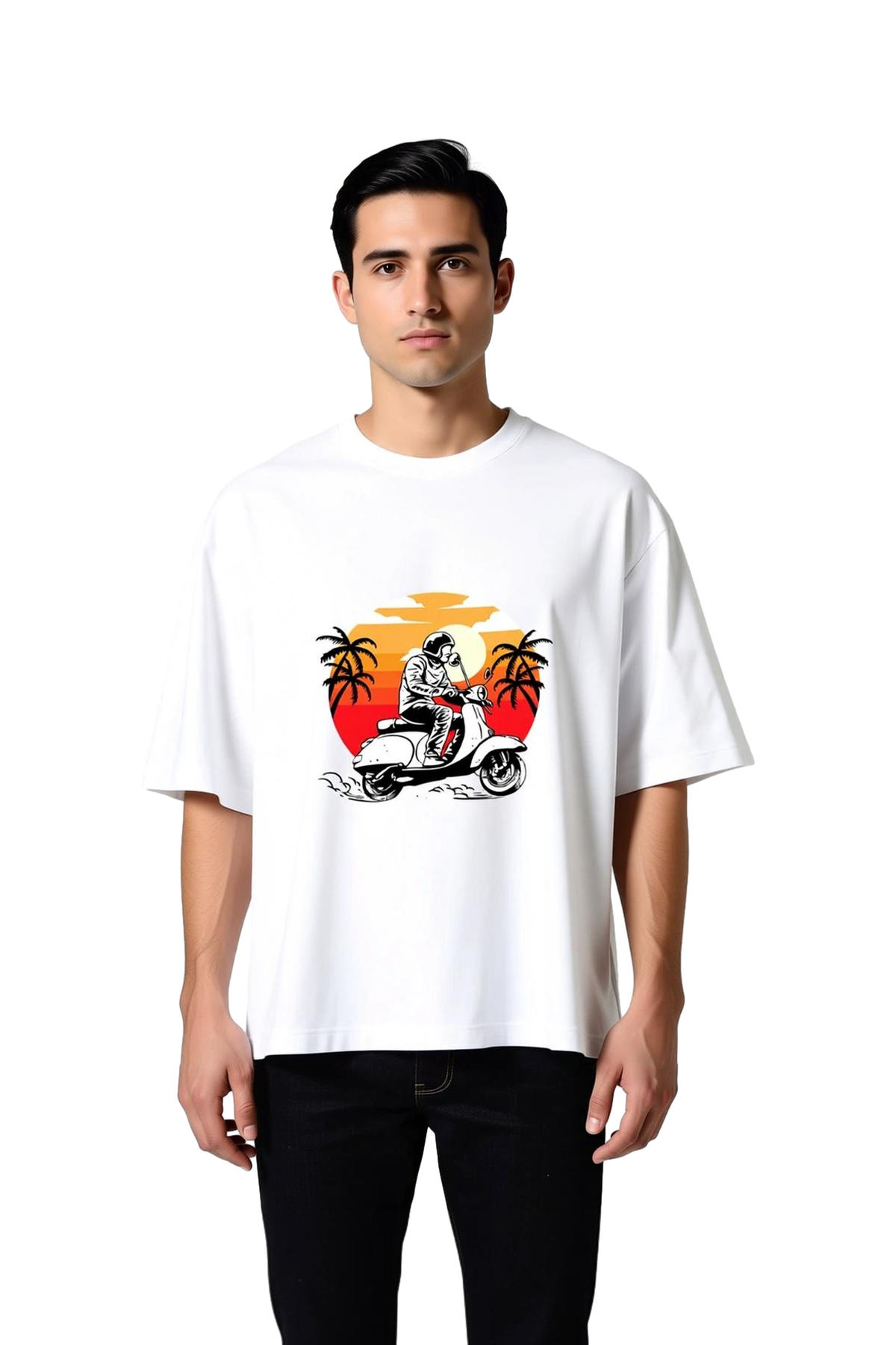 Erkek Oversize Tişört Retro Scooter Baskısı Gün Batımı Motifi Vintage Stil Rahat Kesim Günlük Modern