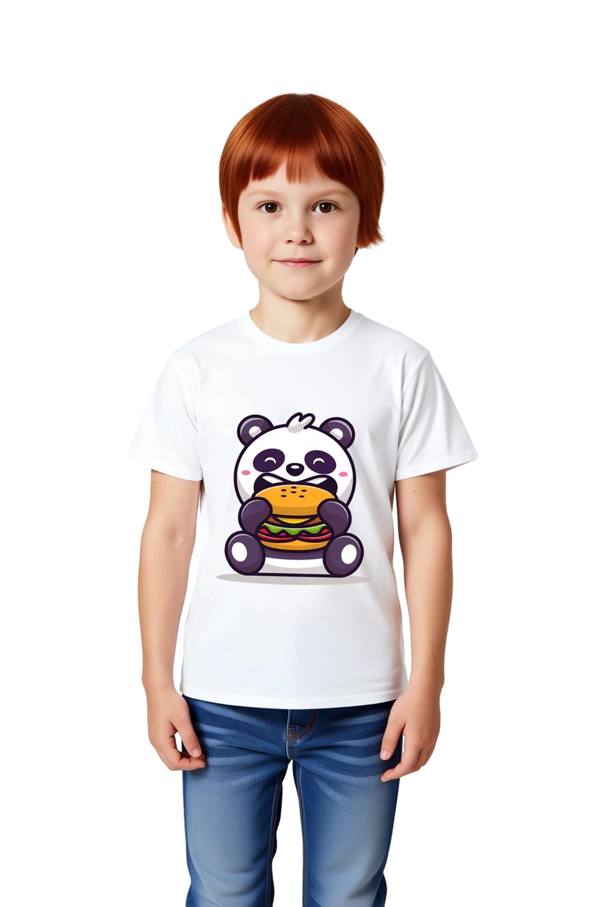 Çocuk Karikatür Panda Burger Baskılı Kısa Kollu Tişört %100 Pamuk Rahat Kesim Günlük Modern Şık