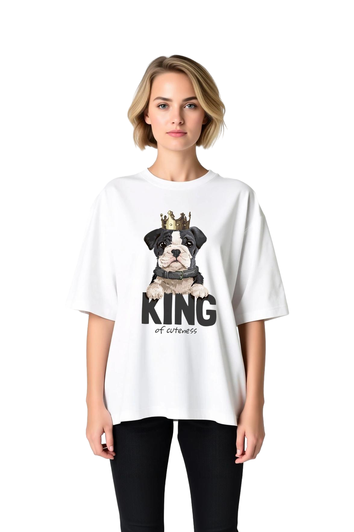 Kadın Oversize Grafik Baskılı Tişört Sevimli Köpek Tacı Taşıyan Evcil Hayvan Tasarımı Günlük Rahat