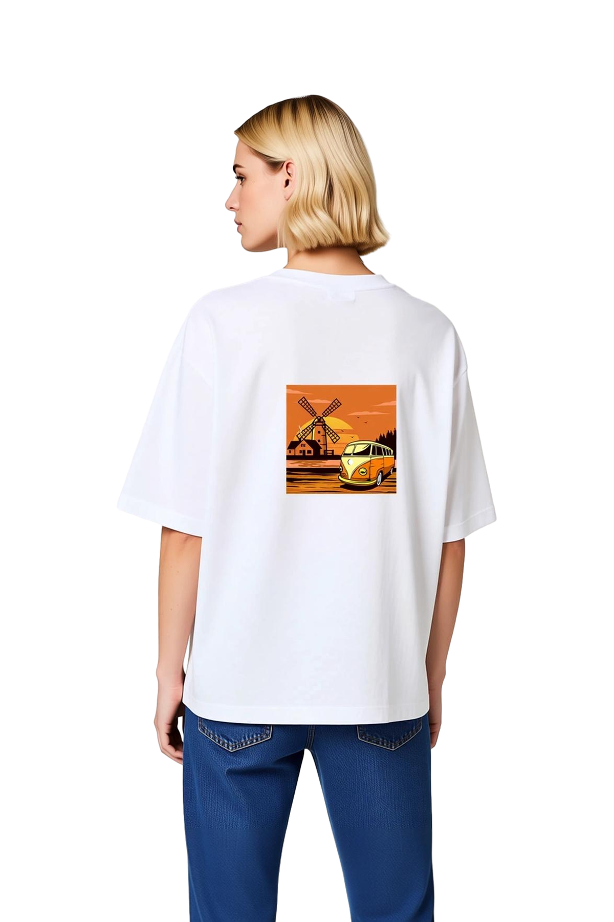 Sunset Yolculuğu Vintage Minibüs Tasarımı Baskılı Kadın Oversize Tişört