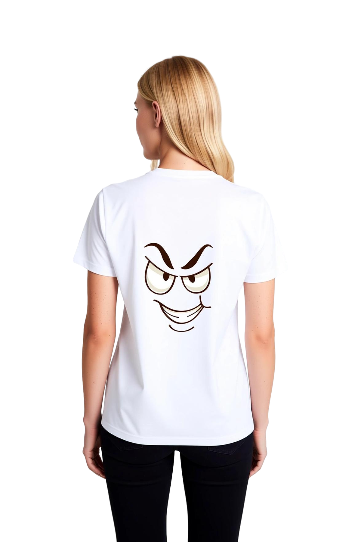 Kadın Karikatür Yüz Baskılı Kısa Kollu Tişört Abartılı Gözler Kaşlar Minimal Sanat Tasarım Günlük