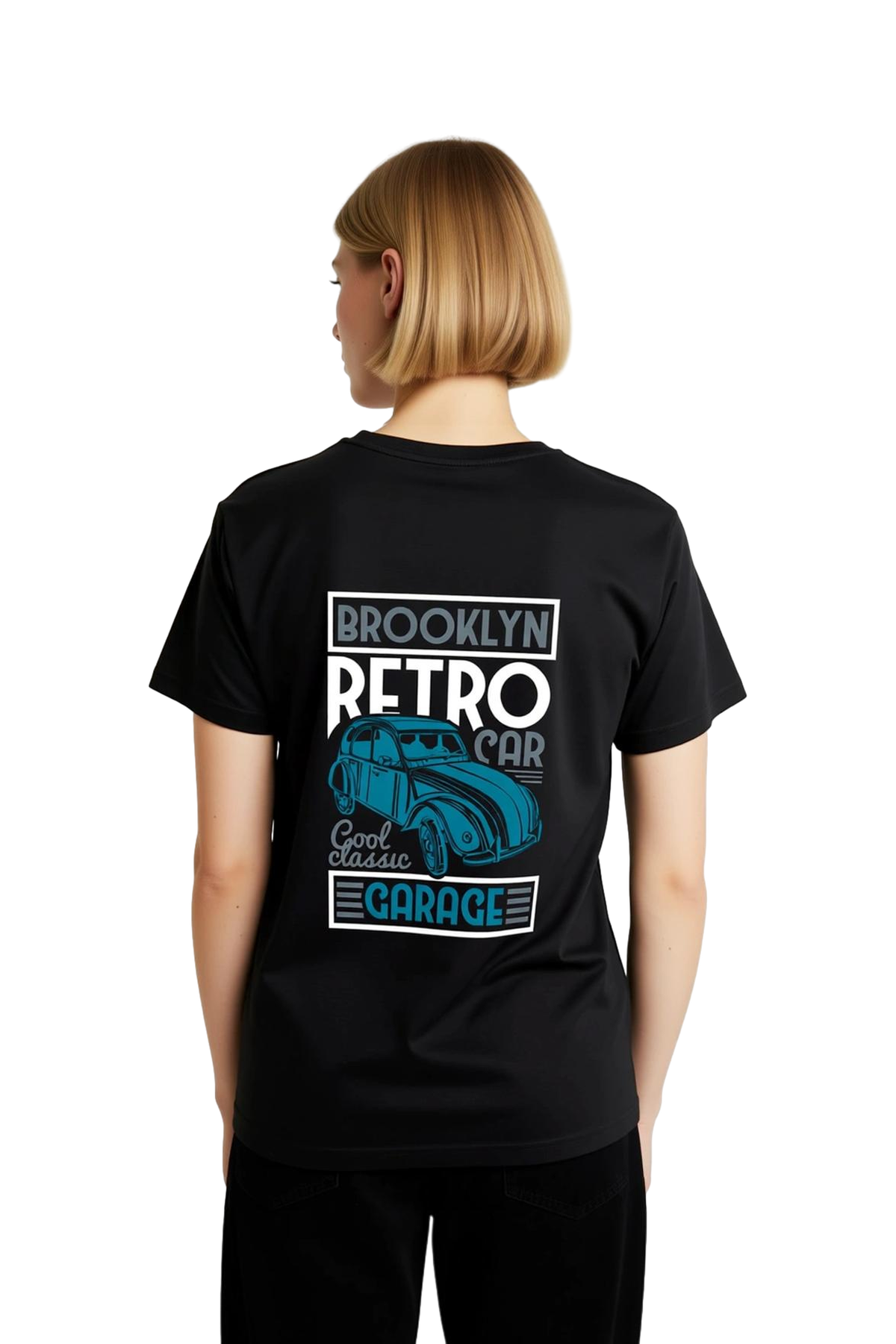 Kadın Retro Otomobil Baskılı Kısa Kollu Tişört Brooklyn Garaj Temalı Rahat Kesim Günlük Modern Şık