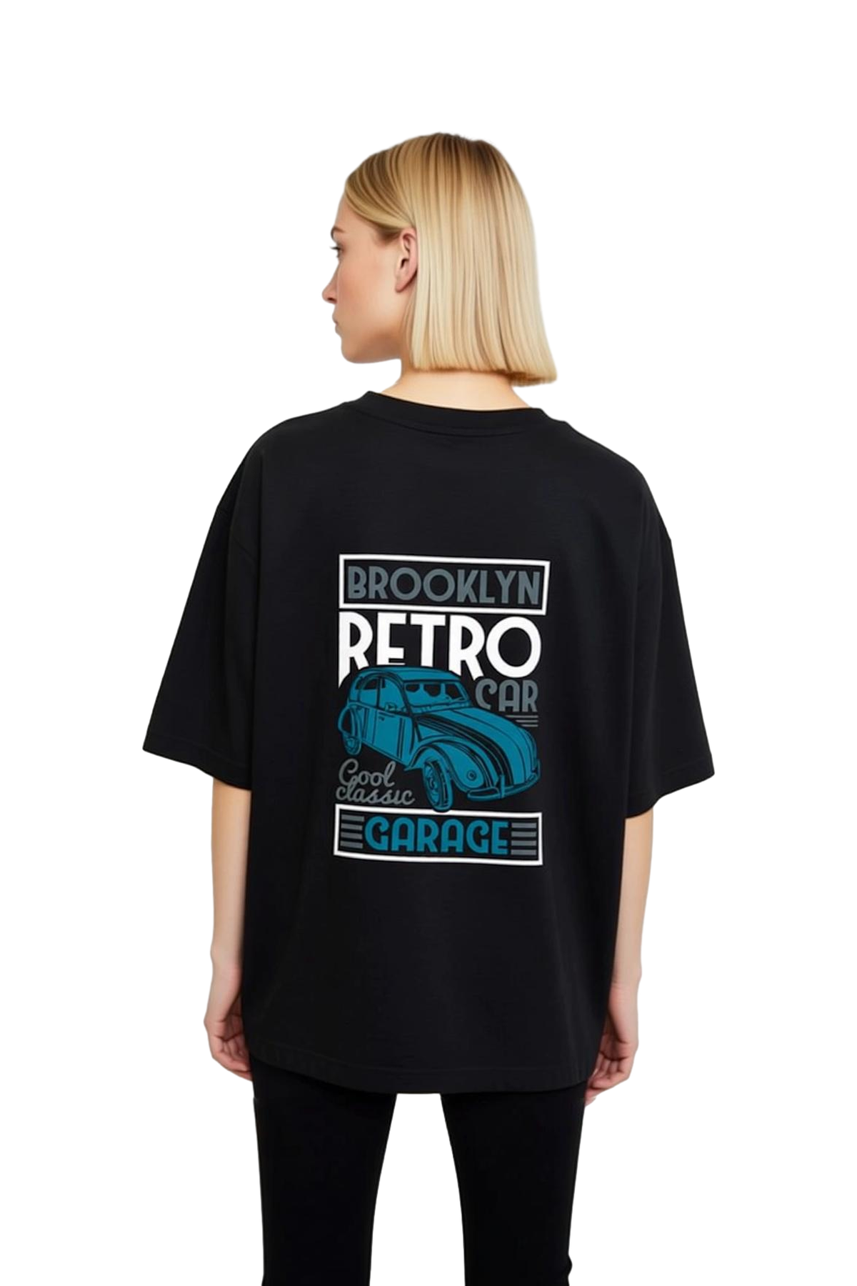 Brooklyn Retro Araba Klasik Garaj Baskılı Kadın Oversize Tişört